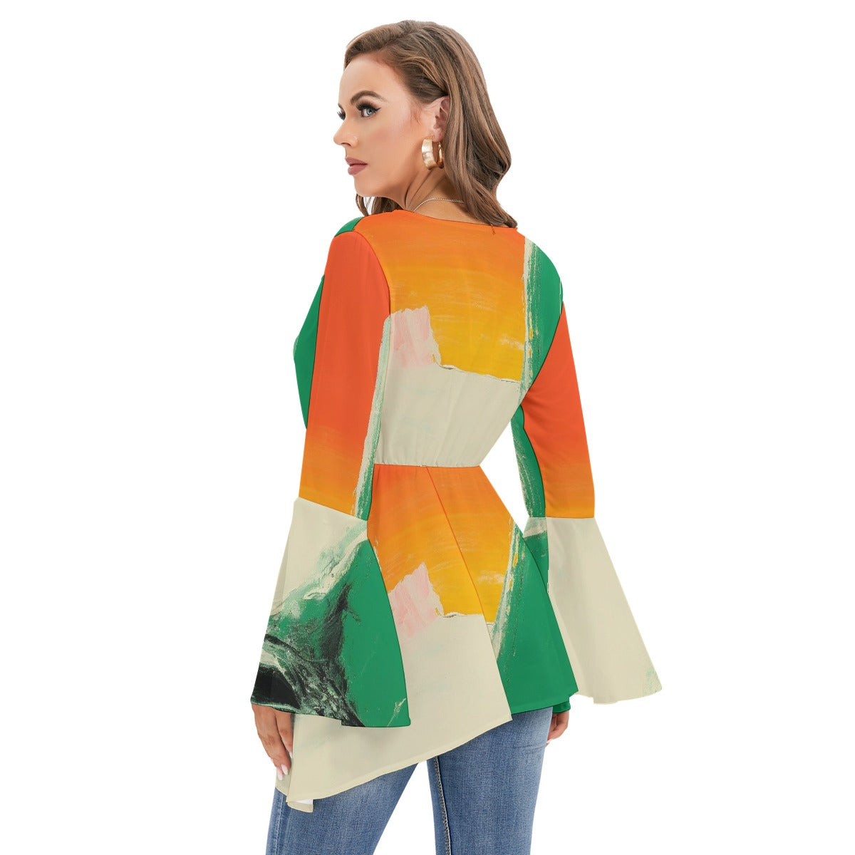 All-Over Print Women's V-neck Blouse With Flared Sleeves