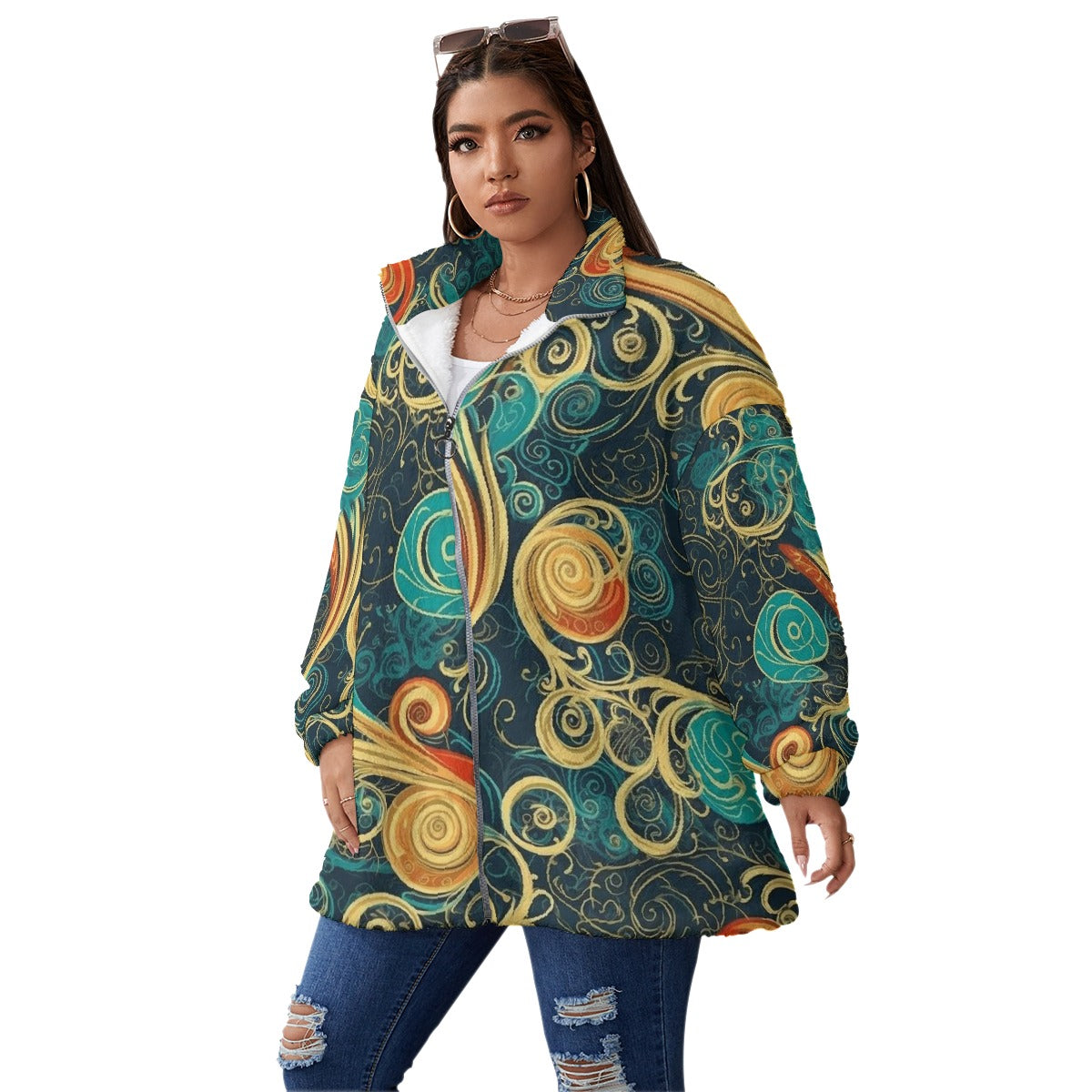 All-Over Print Unisex Borg Fleece Stand-up Collar Coat With Zipper Closure(Plus Size)