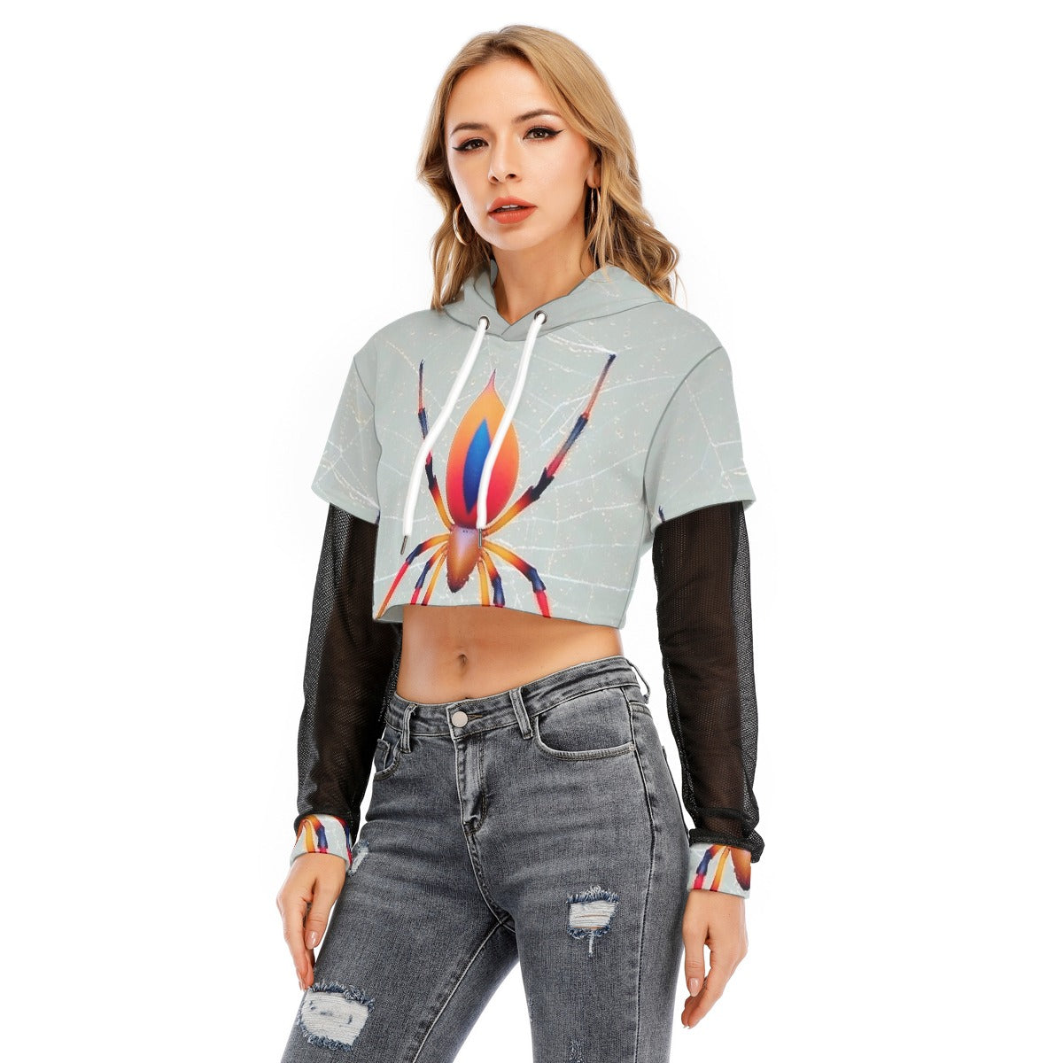 All-Over Print Women's Fake Two-piece Mesh Sleeve Cropped Hoodie