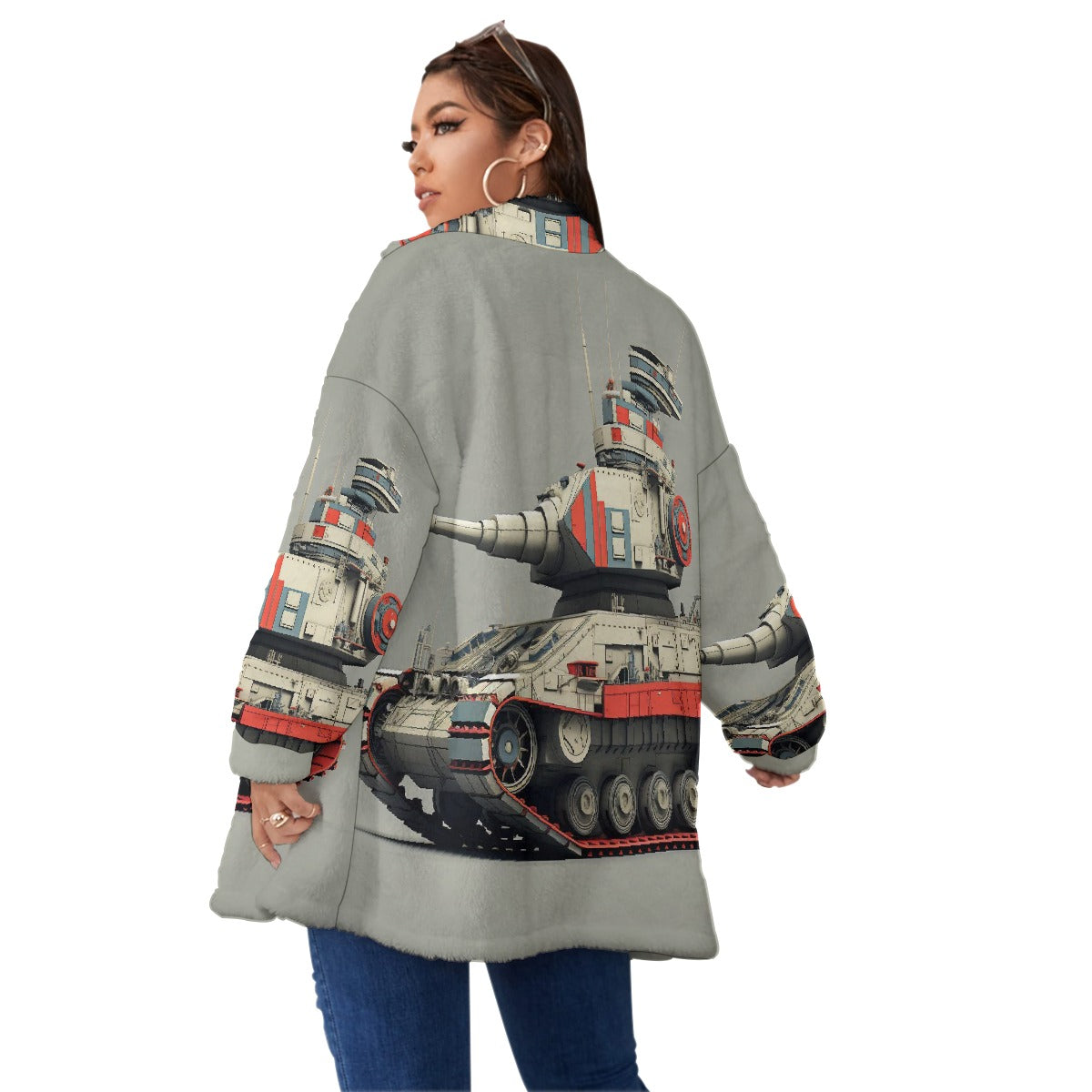 All-Over Print Unisex Borg Fleece Stand-up Collar Coat With Zipper Closure(Plus Size)