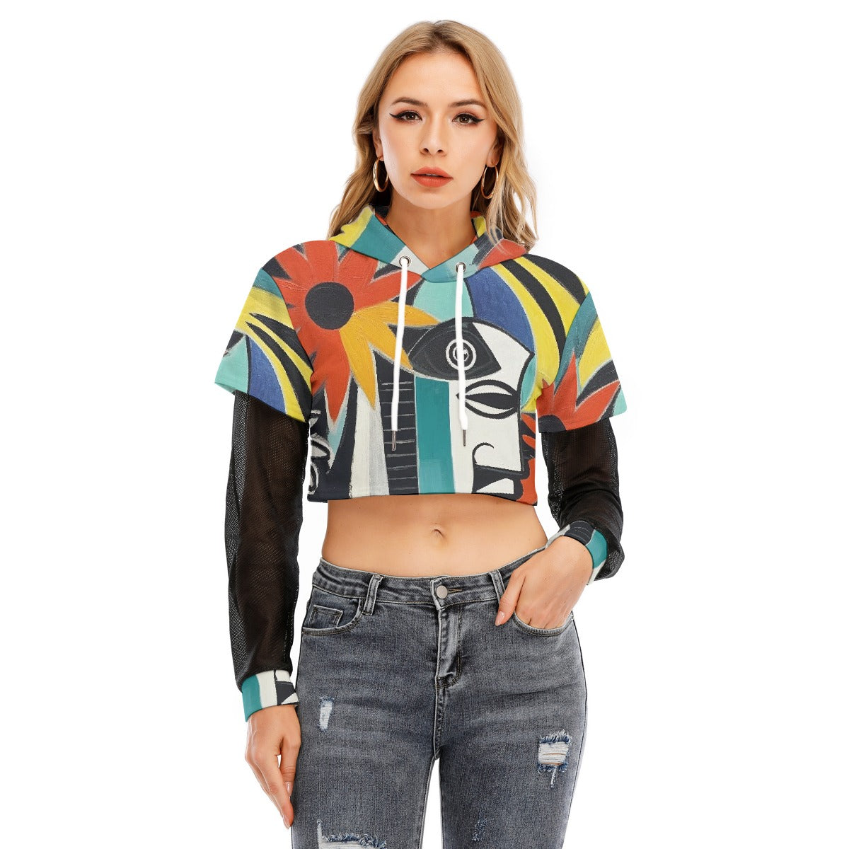All-Over Print Women's Fake Two-piece Mesh Sleeve Cropped Hoodie