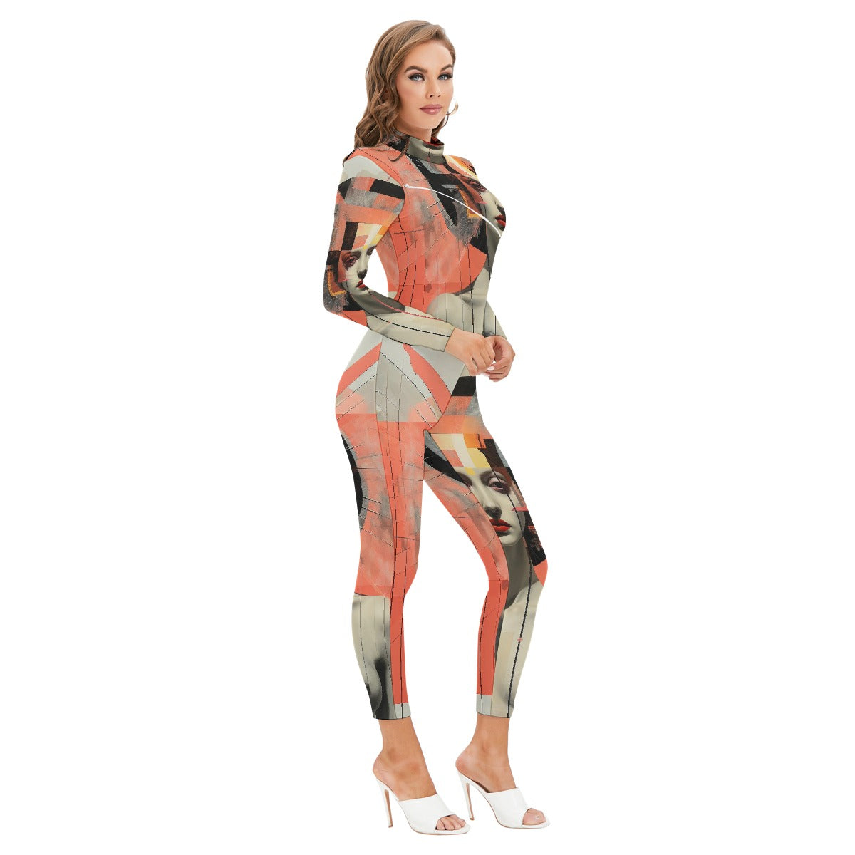 All-Over Print Women's Long-sleeved High-neck Jumpsuit With Zipper