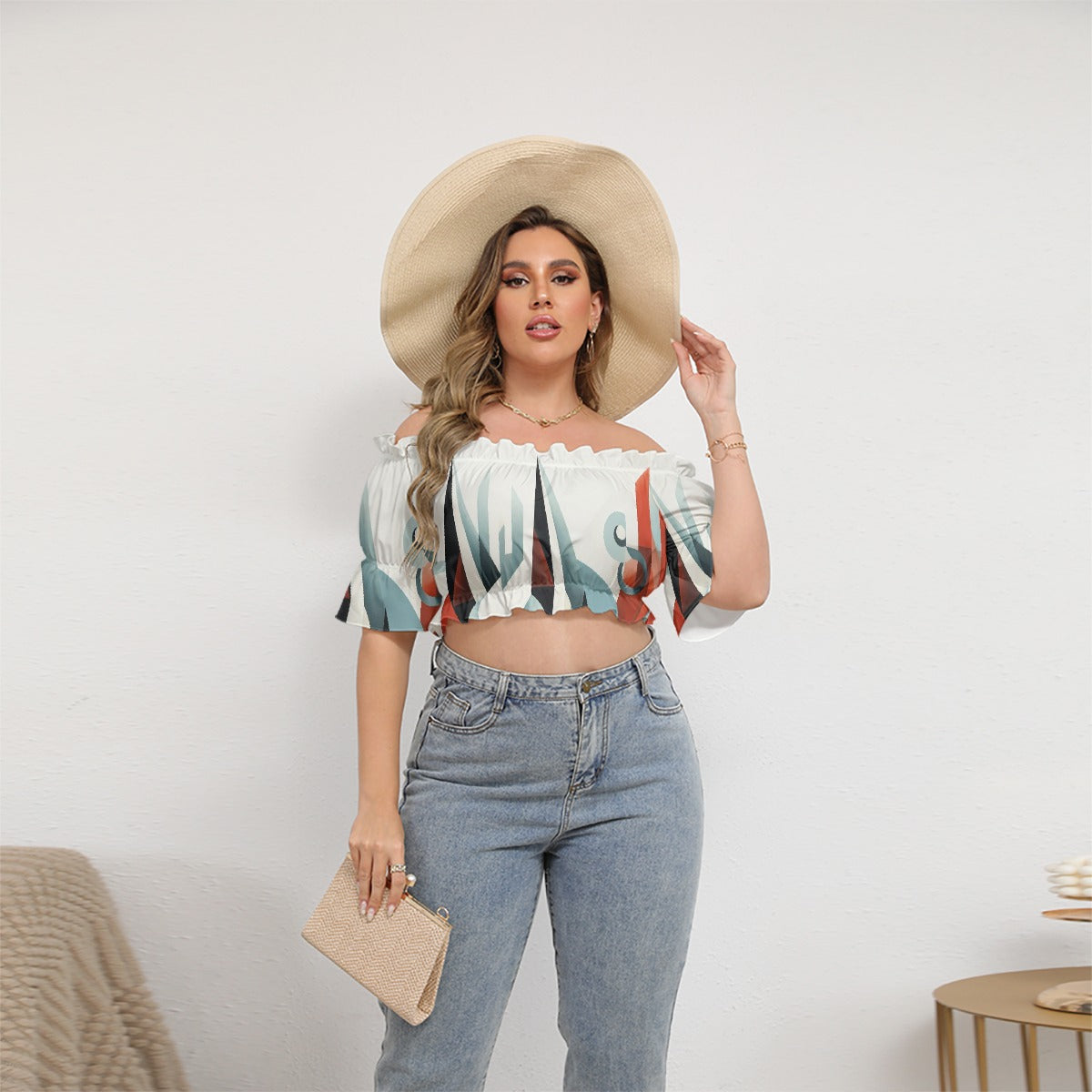 All-Over Print Women's Off-shoulder Cropped Top With Short Puff Sleeve