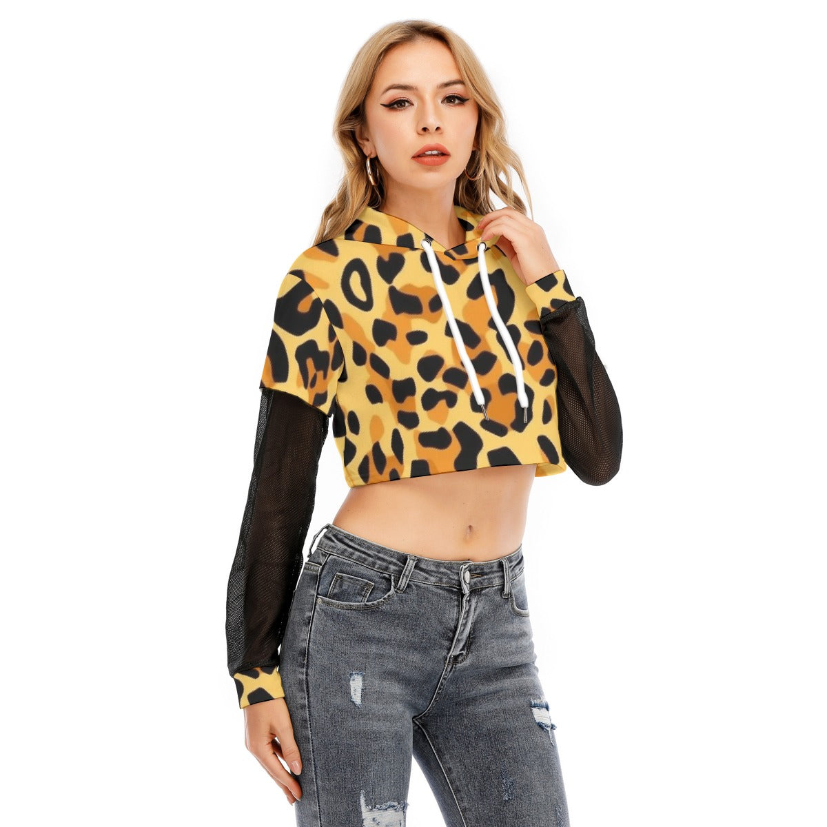 All-Over Print Women's Fake Two-piece Mesh Sleeve Cropped Hoodie