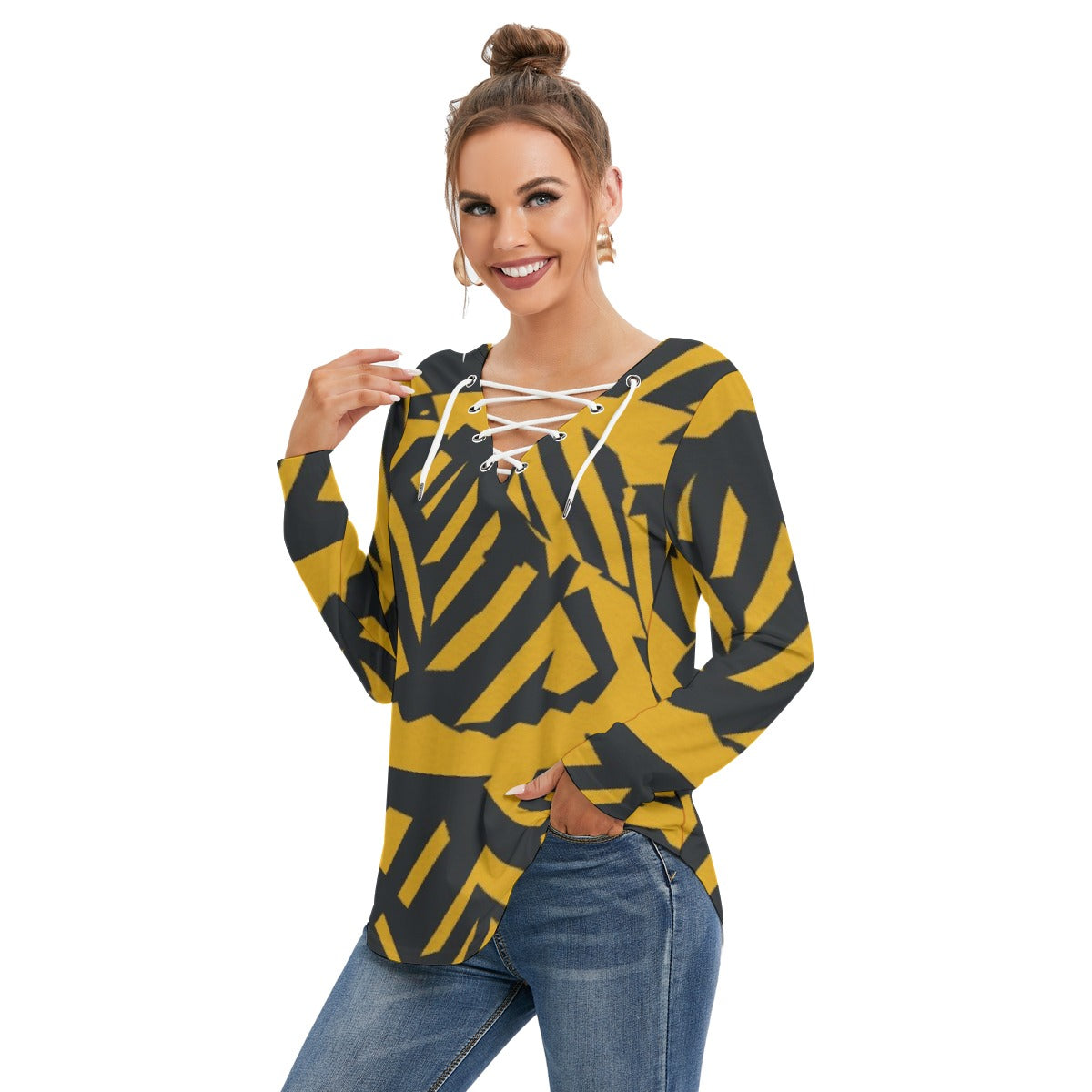 All-Over Print Women's Long Sleeve Neckline Tie Sweatshirt