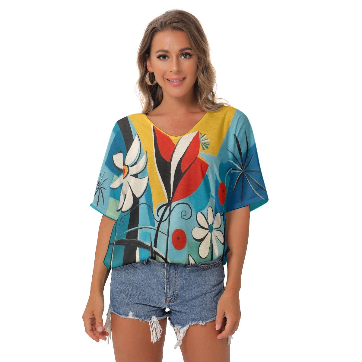 All-Over Print Women's Bat Sleeves V-Neck Blouse