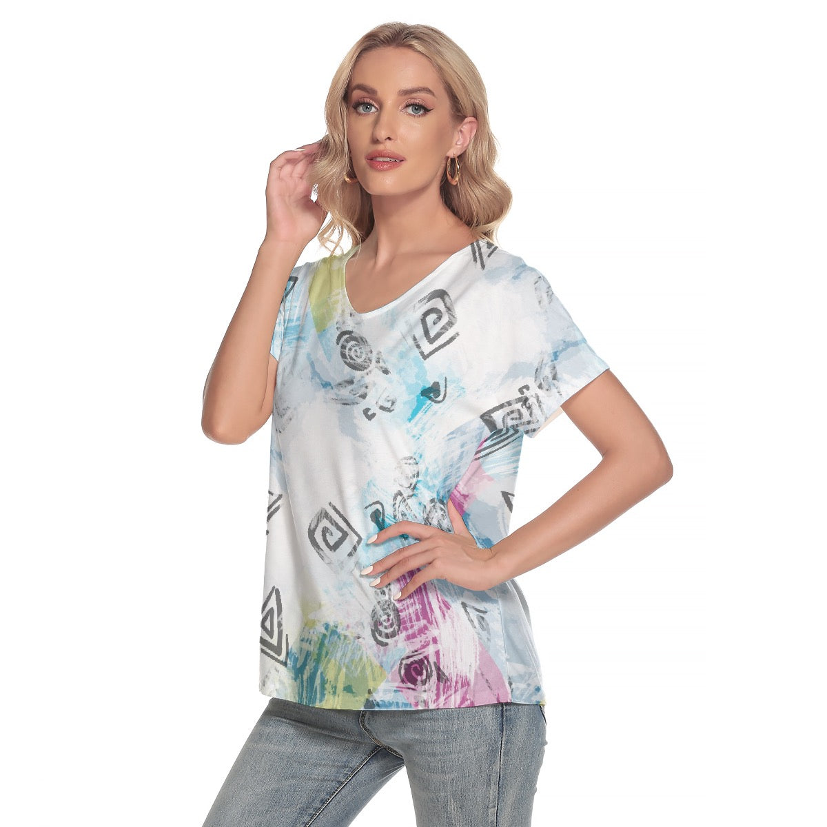 All-Over Print Women's Loose V-neck Short Sleeve T-shirt