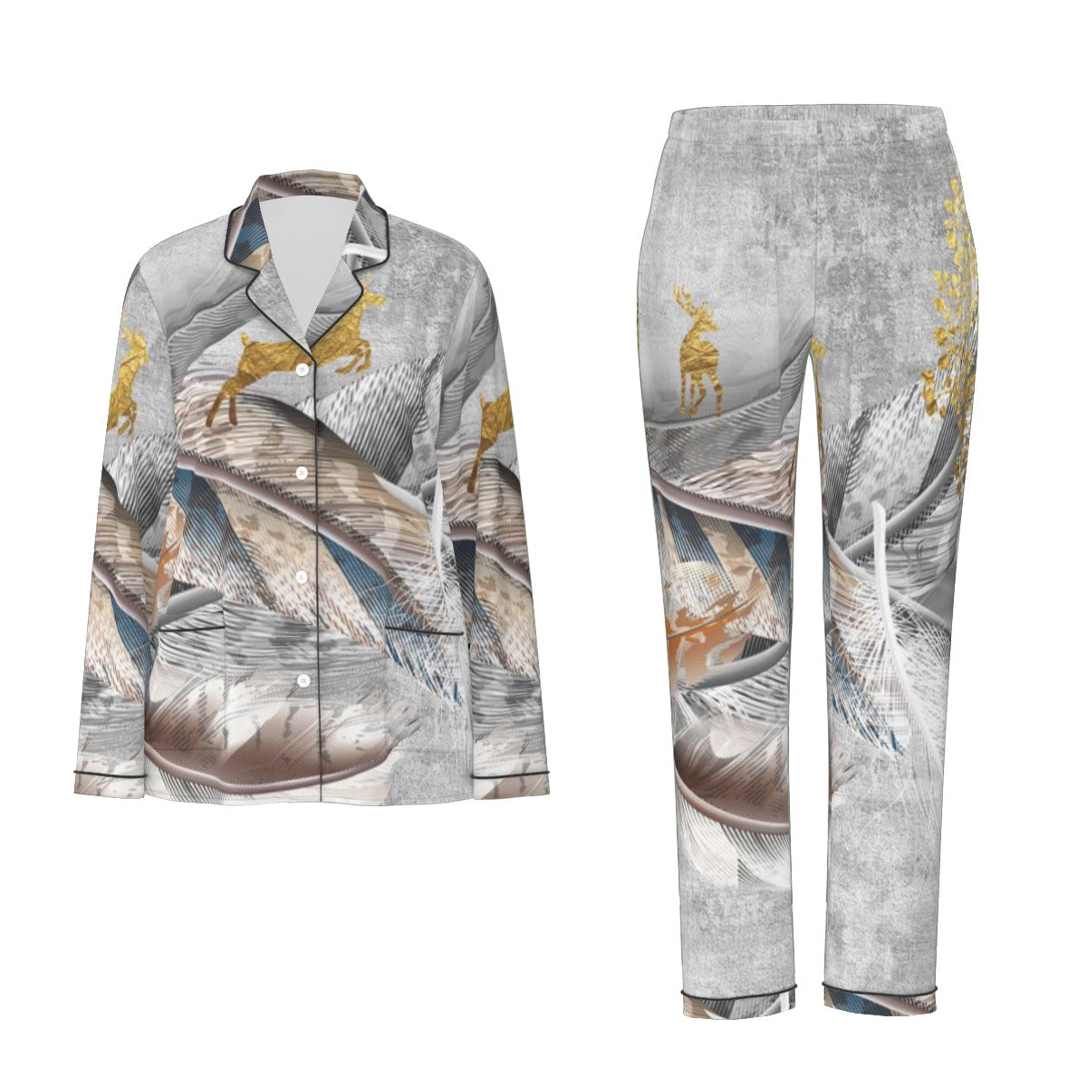 All-Over Print Women's Long Sleeve Pajama Set With Black Contrast Piping