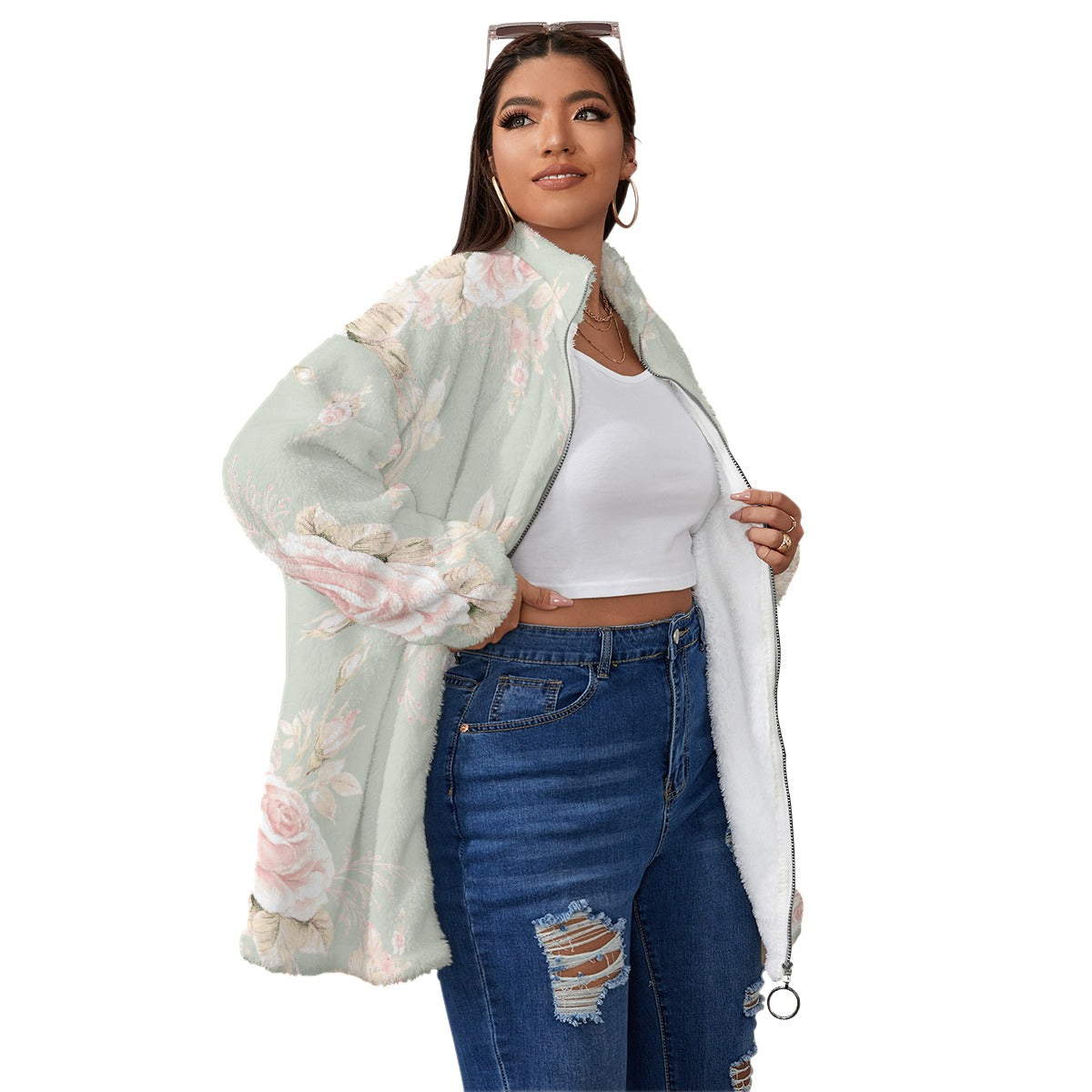 All-Over Print Unisex Borg Fleece Stand-up Collar Coat With Zipper Closure(Plus Size)