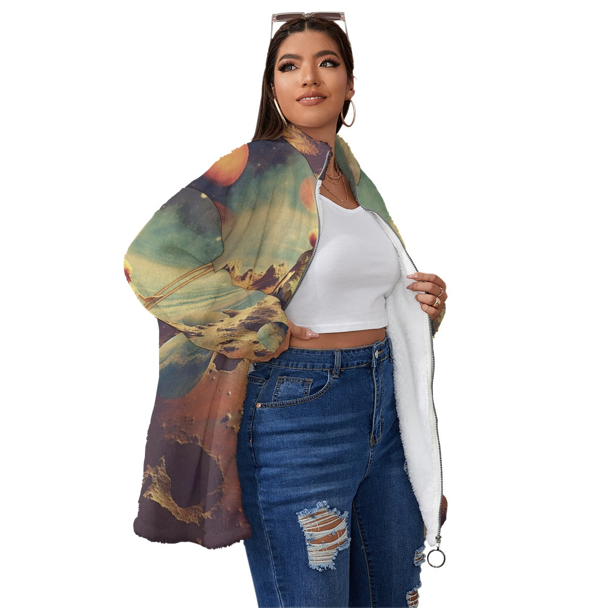 All-Over Print Unisex Borg Fleece Stand-up Collar Coat With Zipper Closure(Plus Size)