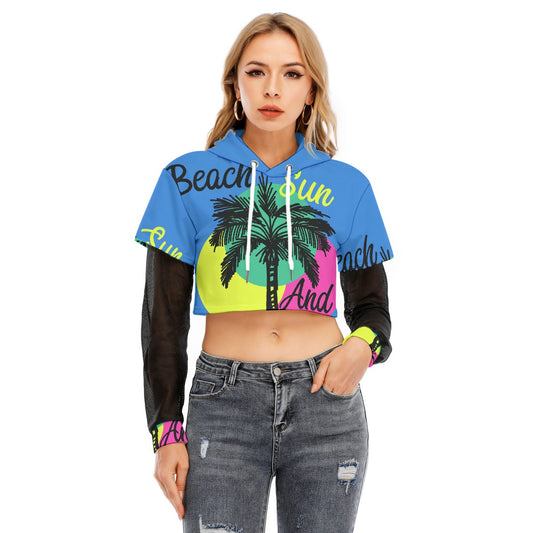 All-Over Print Women's Fake Two-piece Mesh Sleeve Cropped Hoodie