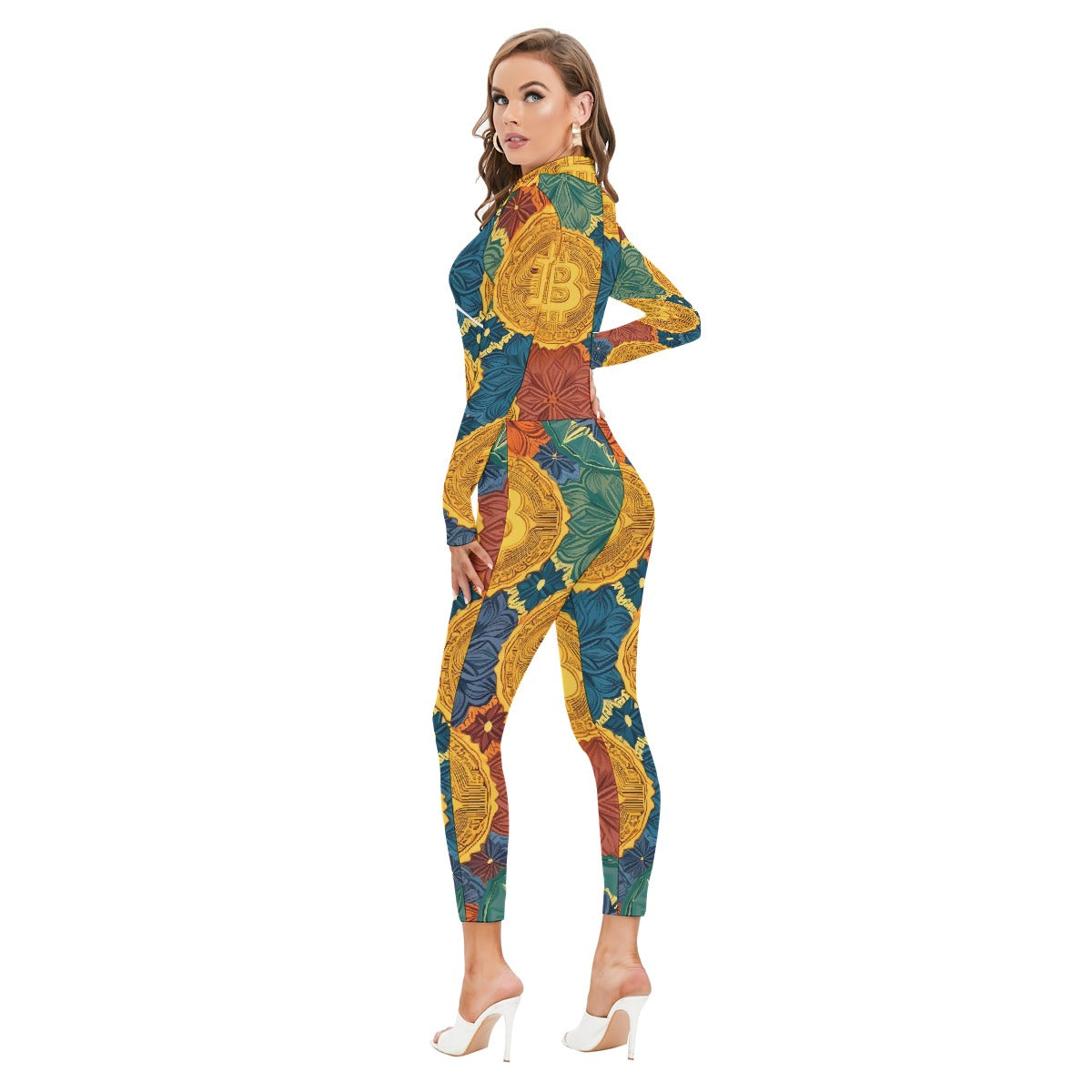 All-Over Print Women's Long-sleeved High-neck Jumpsuit With Zipper