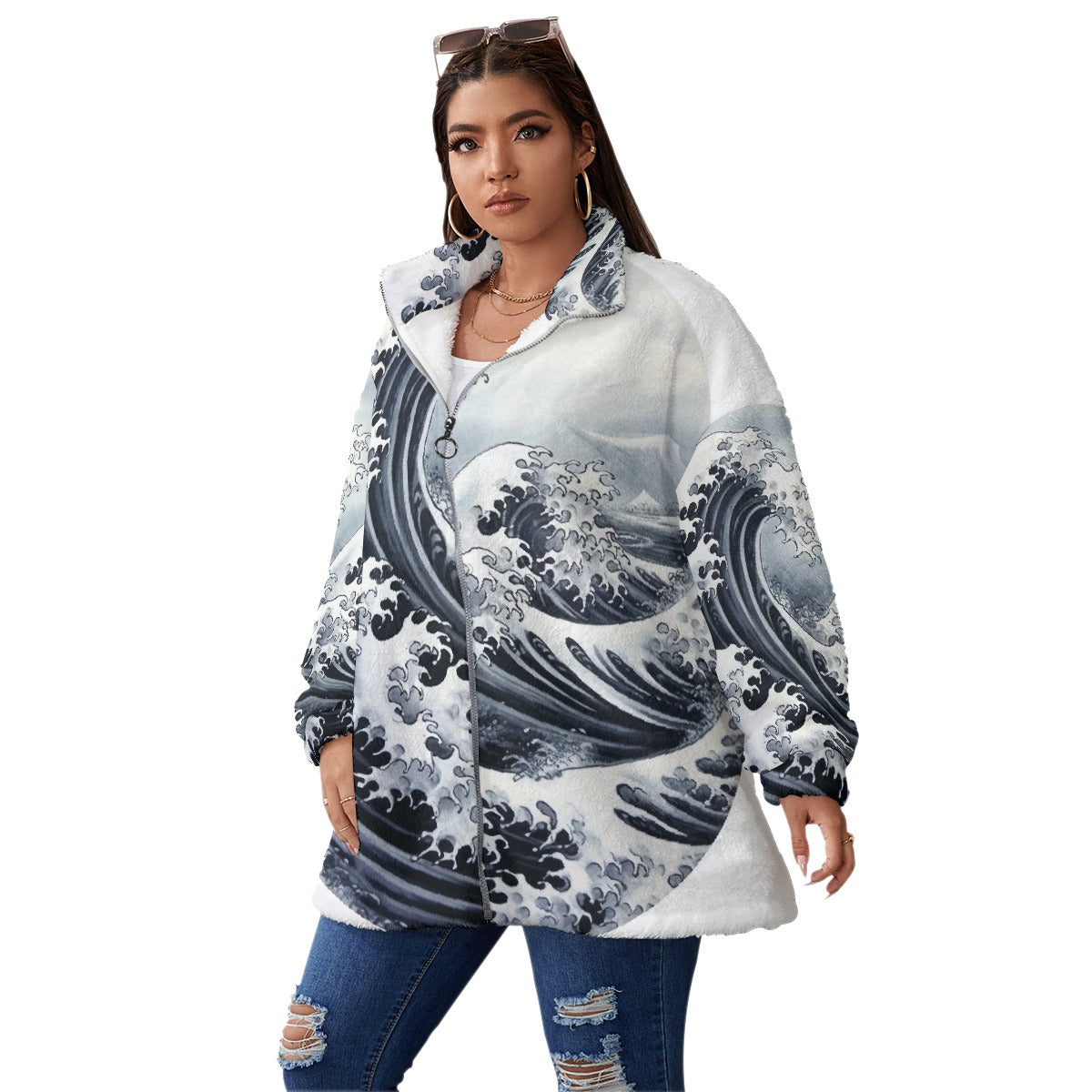 All-Over Print Unisex Borg Fleece Stand-up Collar Coat With Zipper Closure(Plus Size)
