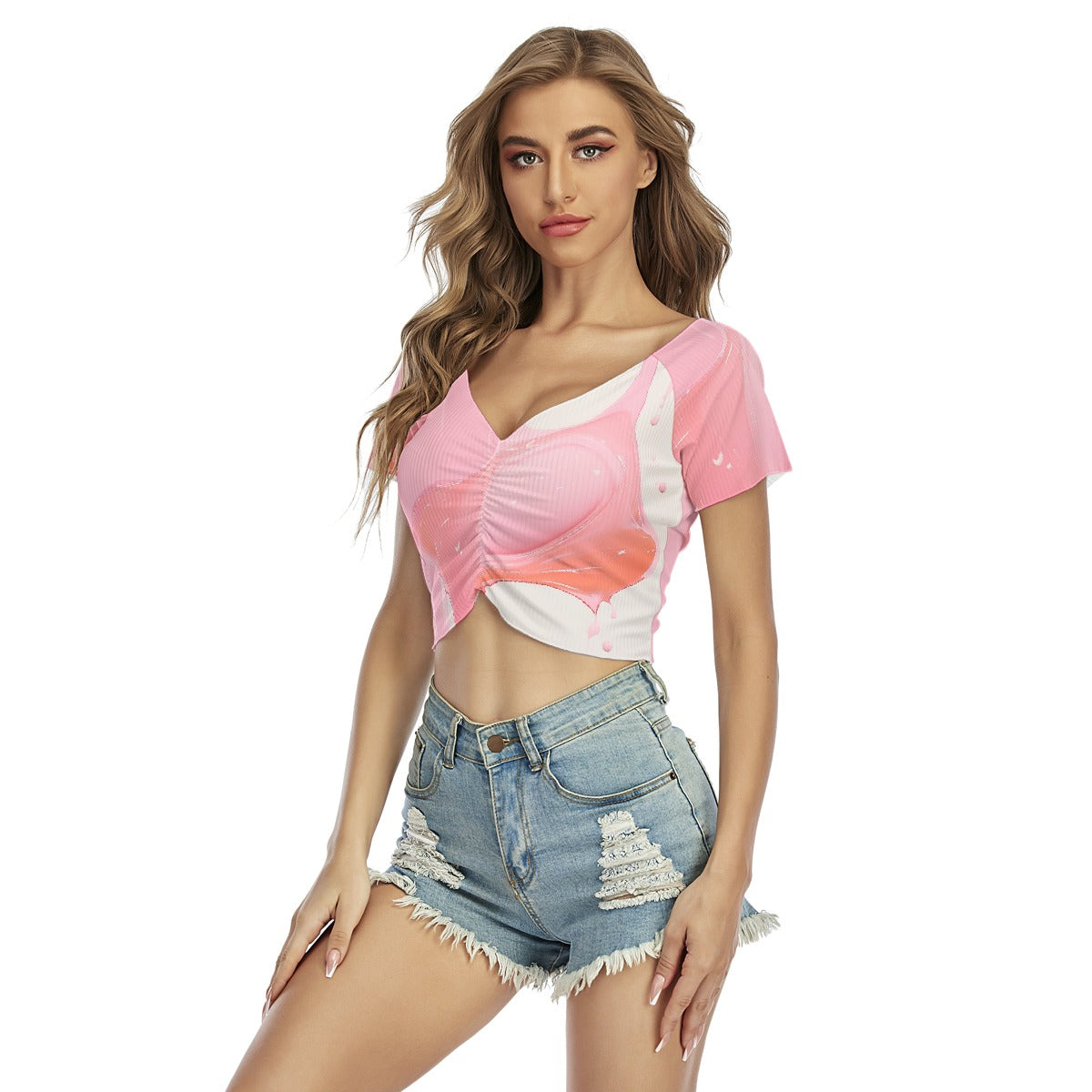 All-Over Print Women's Raglan Drawstring Front  Crop Tee