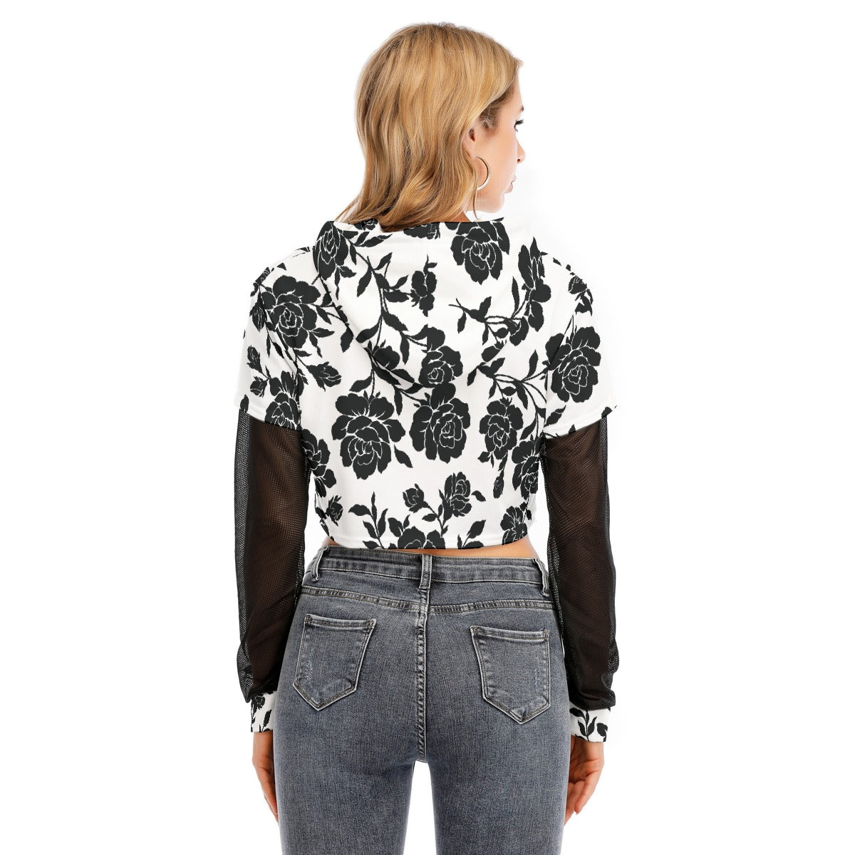 All-Over Print Women's Fake Two-piece Mesh Sleeve Cropped Hoodie
