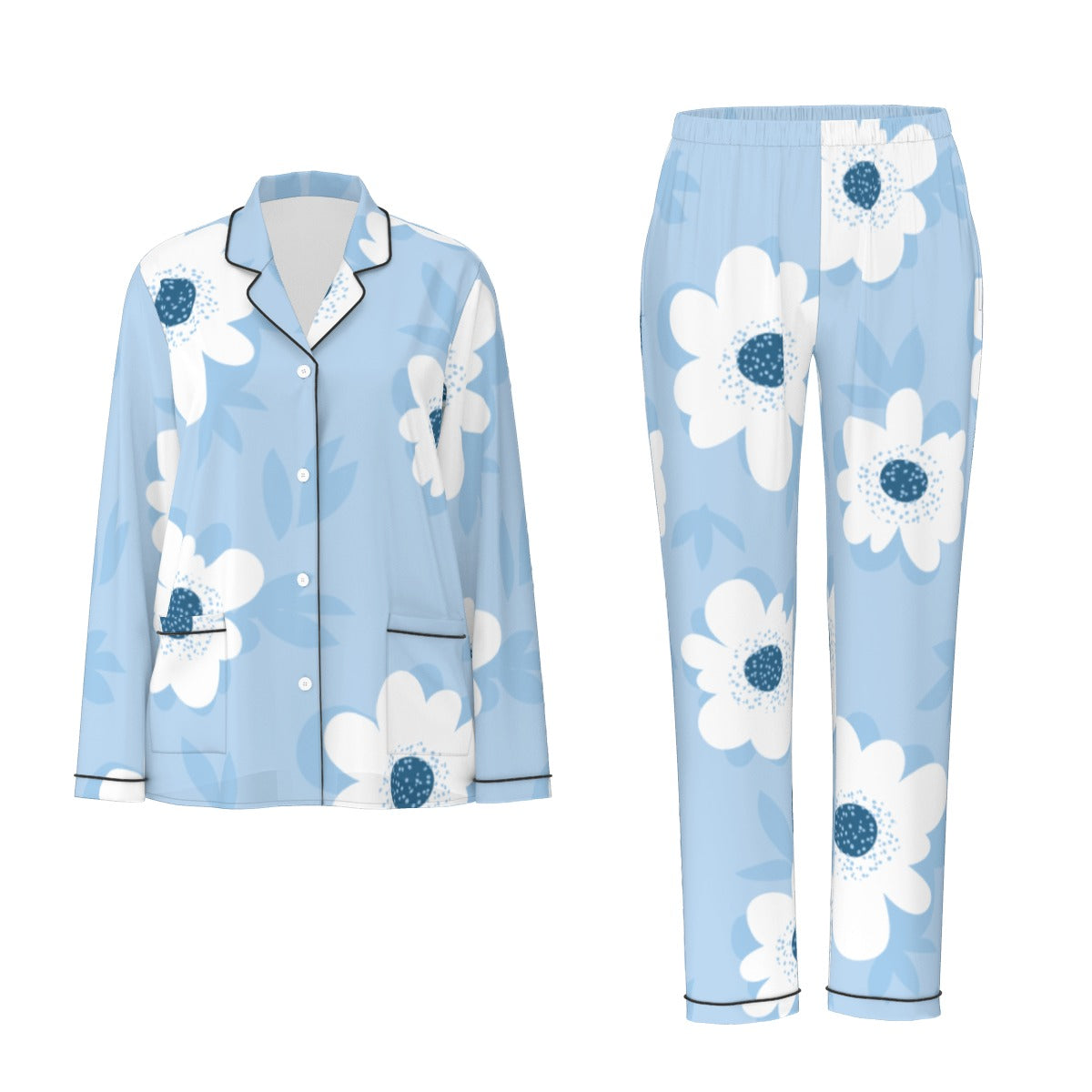 All-Over Print Women's Long Sleeve Pajama Set With Black Contrast Piping