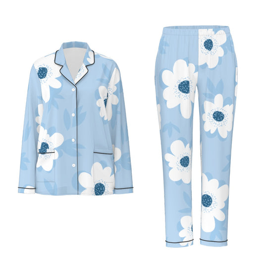 All-Over Print Women's Long Sleeve Pajama Set With Black Contrast Piping