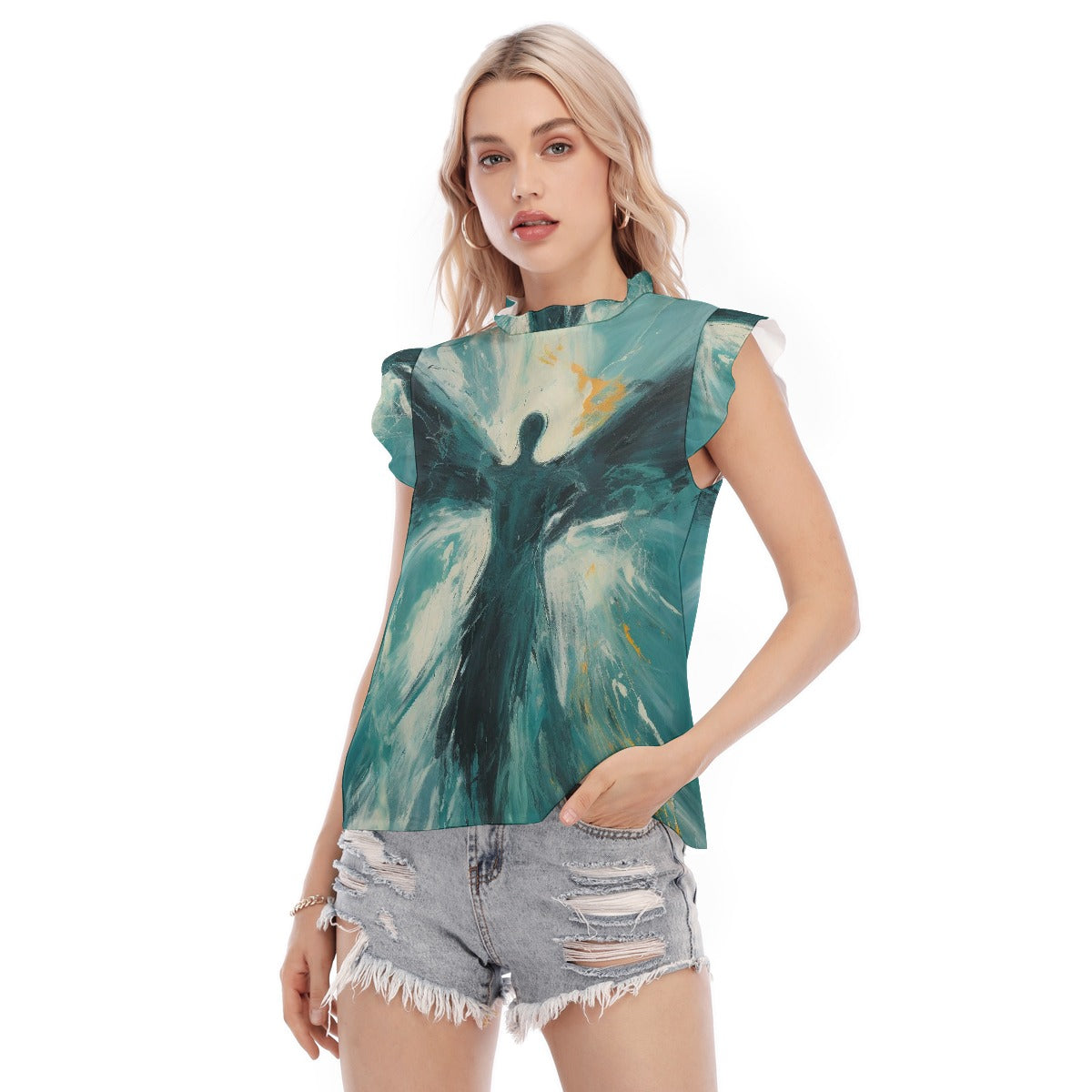 All-Over Print Women's Blouse With Ruffle Collar And Sleeve