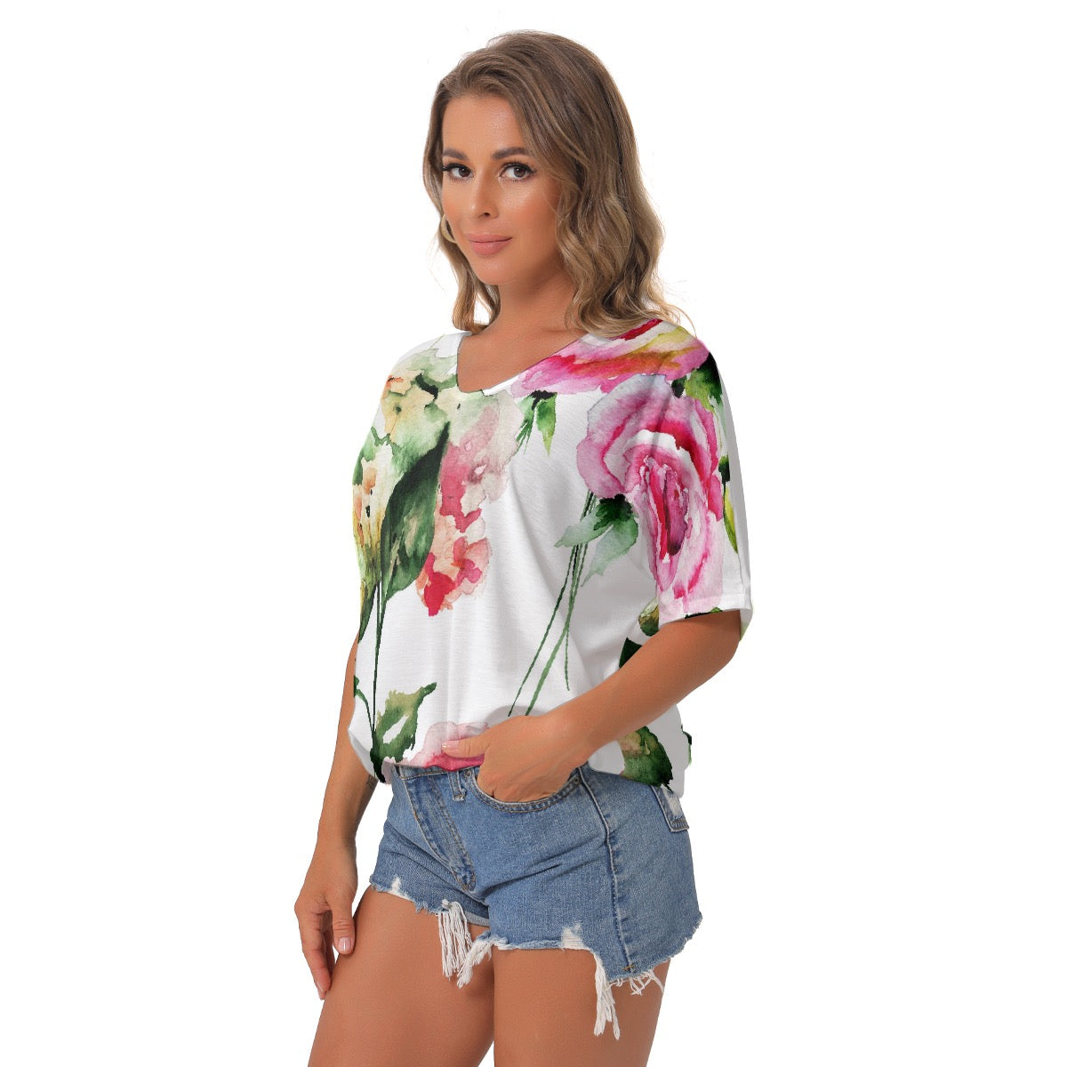 All-Over Print Women's Bat Sleeves V-Neck Blouse