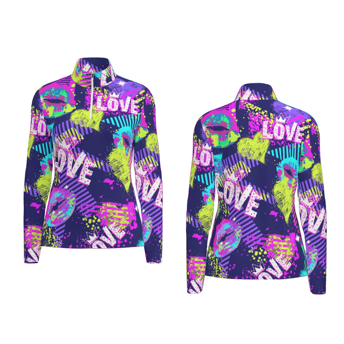 All-Over Print Women's Sports Collar Jersey With Long Sleeve