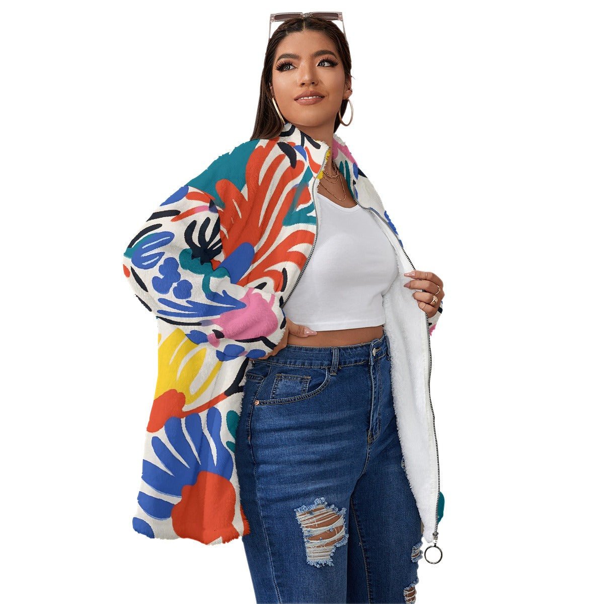 All-Over Print Unisex Borg Fleece Stand-up Collar Coat With Zipper Closure(Plus Size)