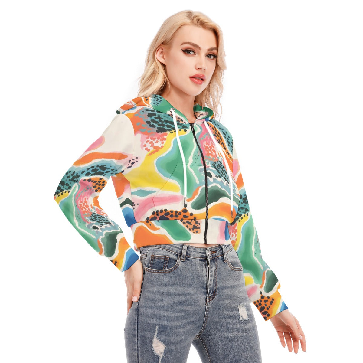 All-Over Print Women's Crop Top Hoodie With Zipper Closure