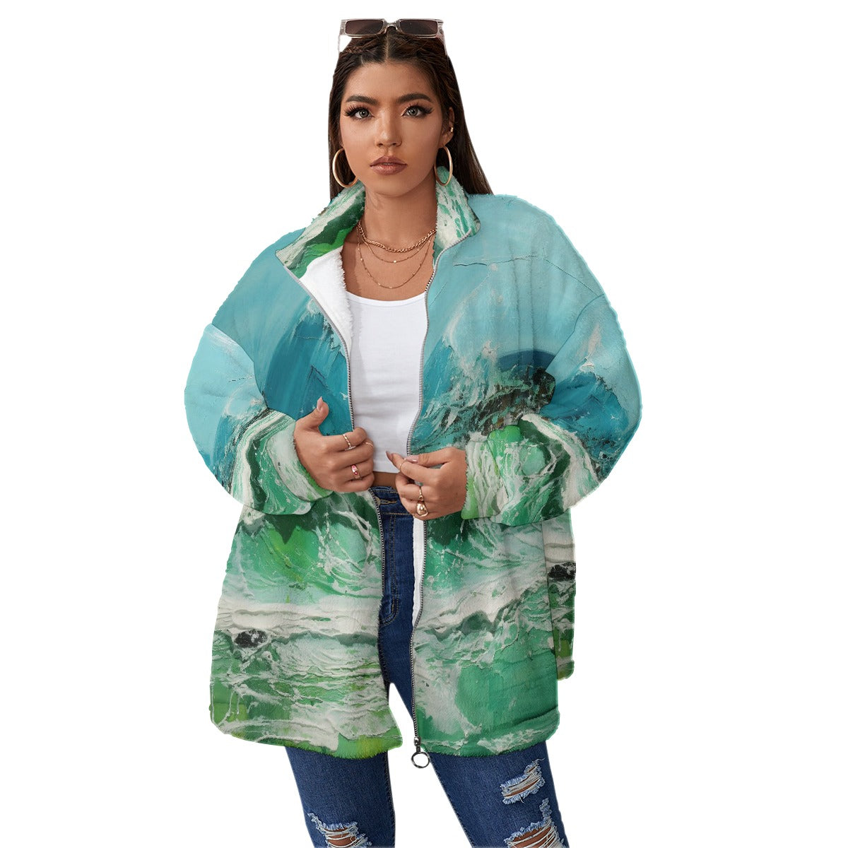 All-Over Print Unisex Borg Fleece Stand-up Collar Coat With Zipper Closure(Plus Size)