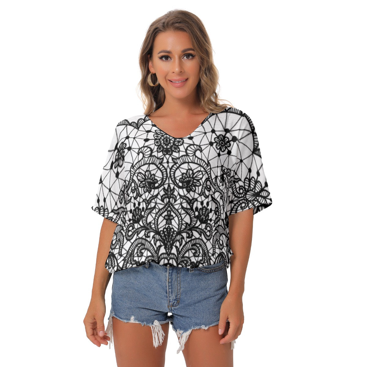 All-Over Print Women's Bat Sleeves V-Neck Blouse