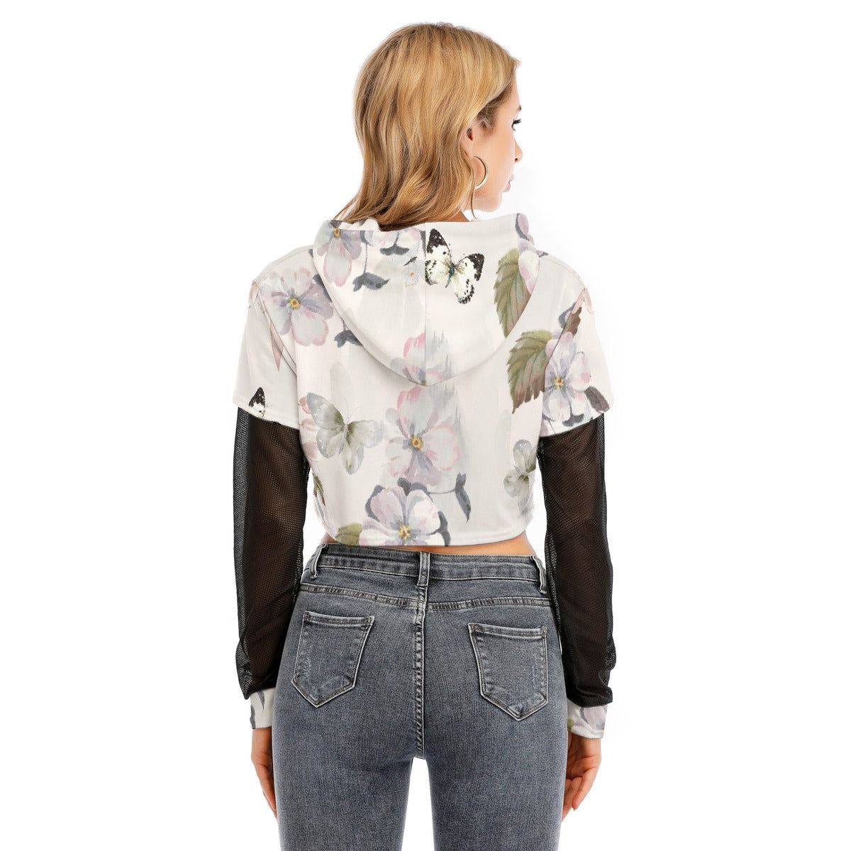 All-Over Print Women's Fake Two-piece Mesh Sleeve Cropped Hoodie