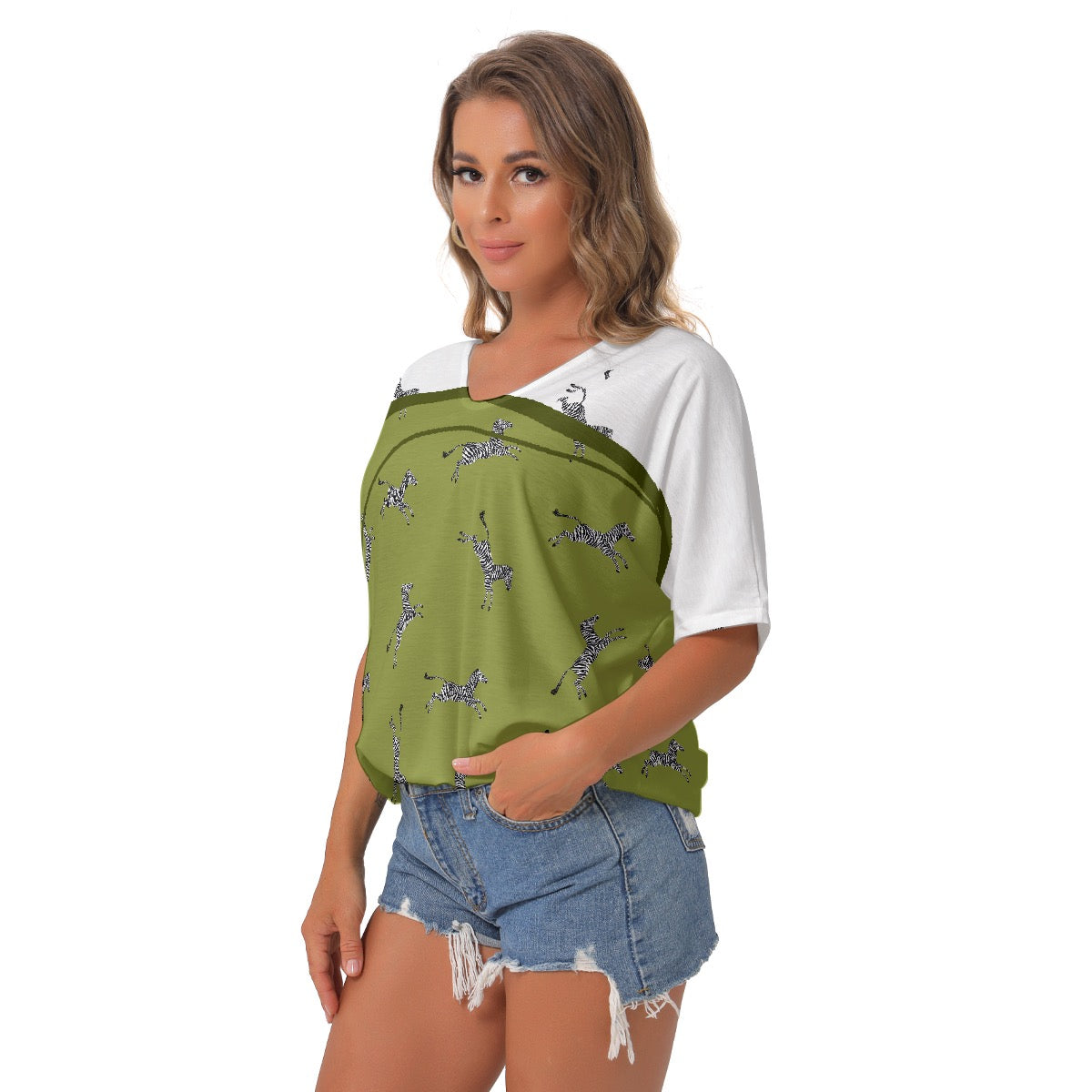 All-Over Print Women's Bat Sleeves V-Neck Blouse