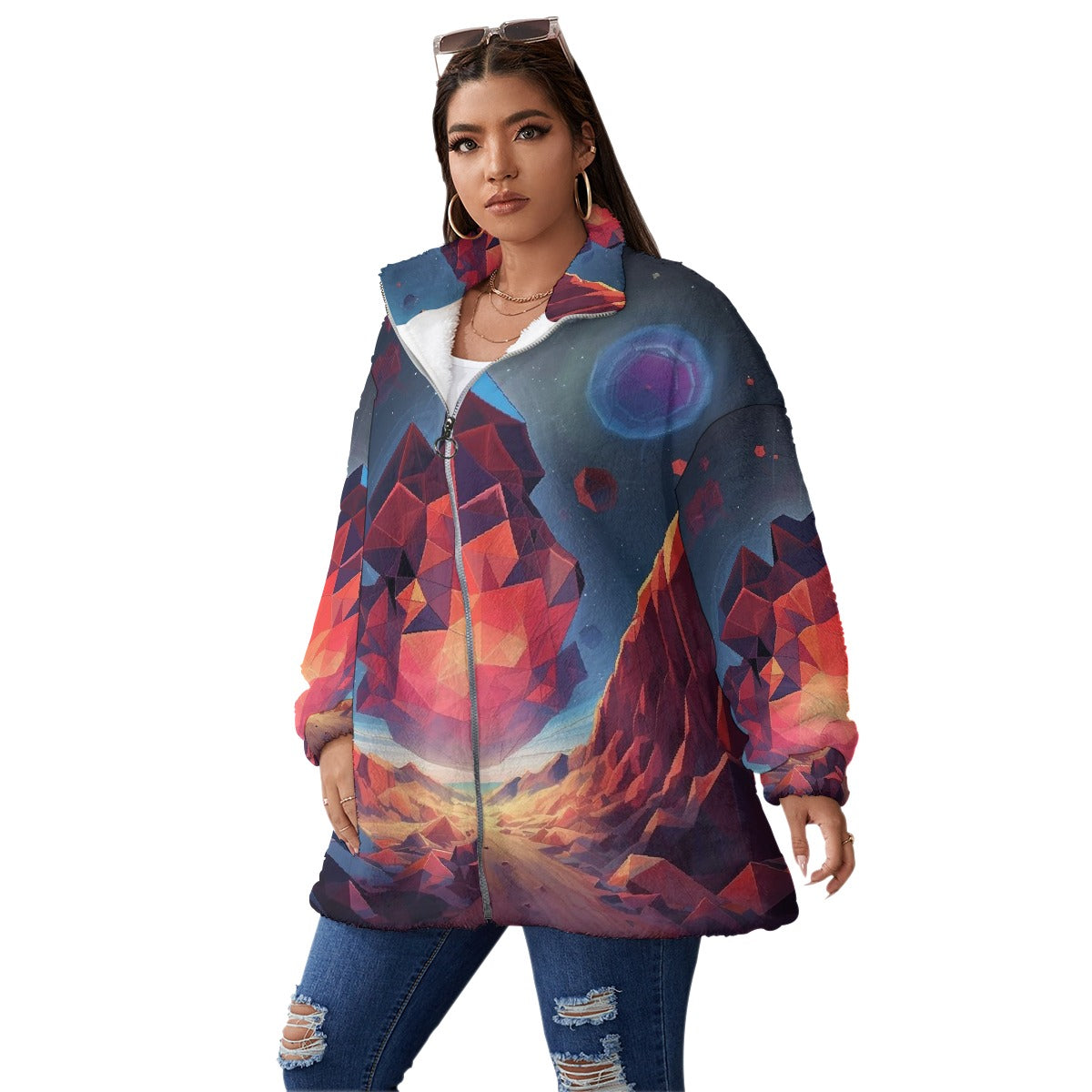 All-Over Print Unisex Borg Fleece Stand-up Collar Coat With Zipper Closure(Plus Size)