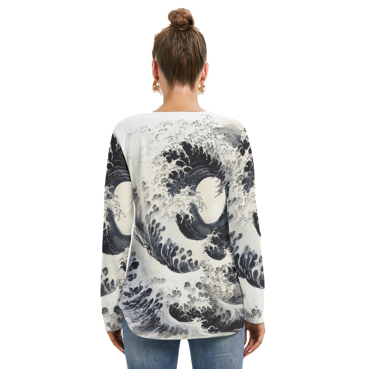 All-Over Print Women's Long Sleeve Neckline Tie Sweatshirt