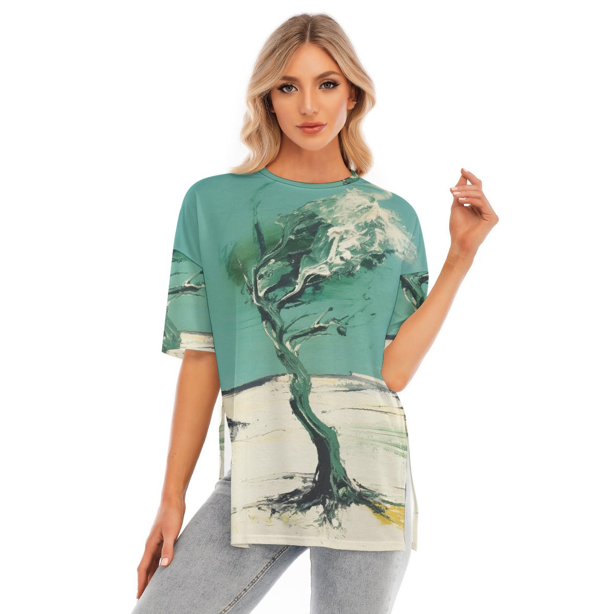 All-Over Print Women's Short Sleeves T-shirt With Hem Split