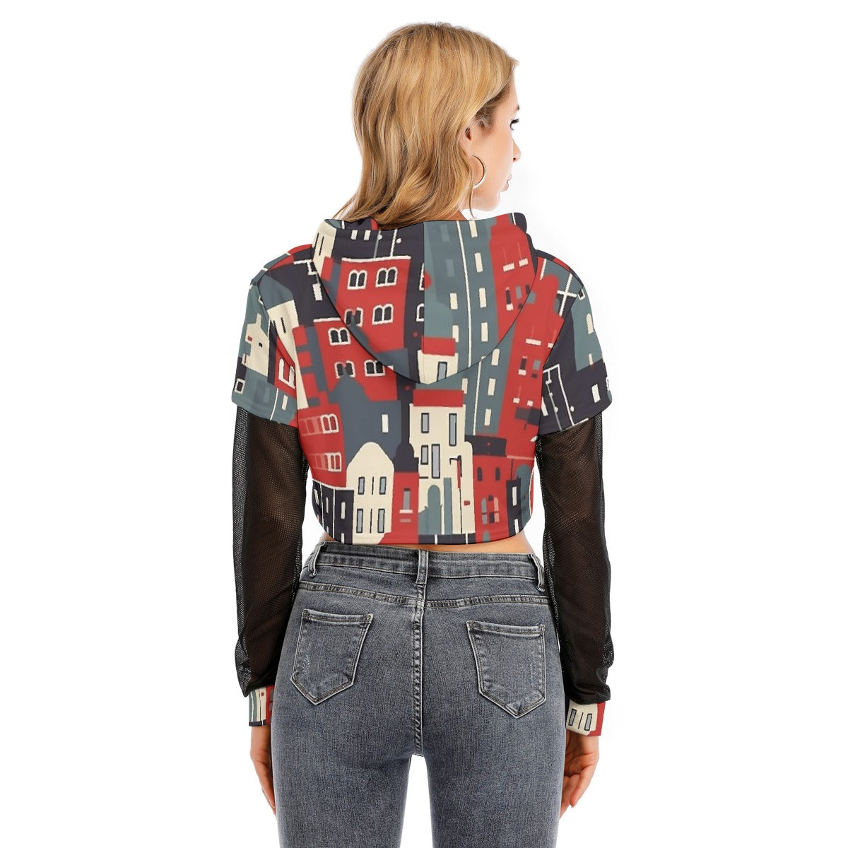 All-Over Print Women's Fake Two-piece Mesh Sleeve Cropped Hoodie