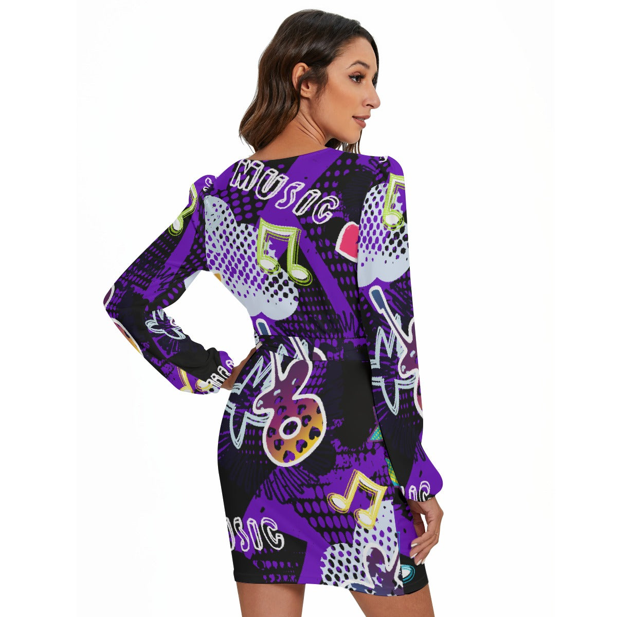 All-Over Print Women's Long Sleeve Dress With Waist Belt
