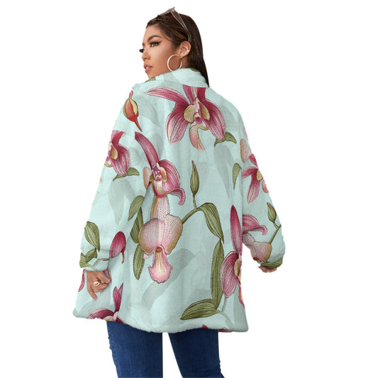 All-Over Print Unisex Borg Fleece Stand-up Collar Coat With Zipper Closure(Plus Size)