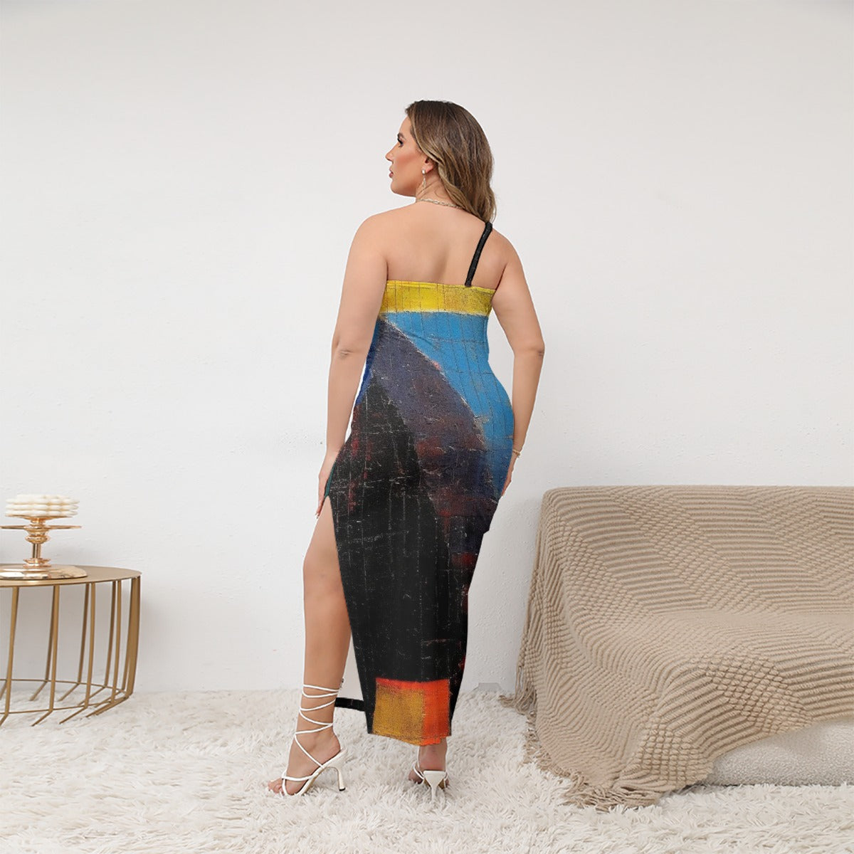 All-Over Print Women's Oblique-Shoulder Exposure Dress With Side Split (Plus Size)