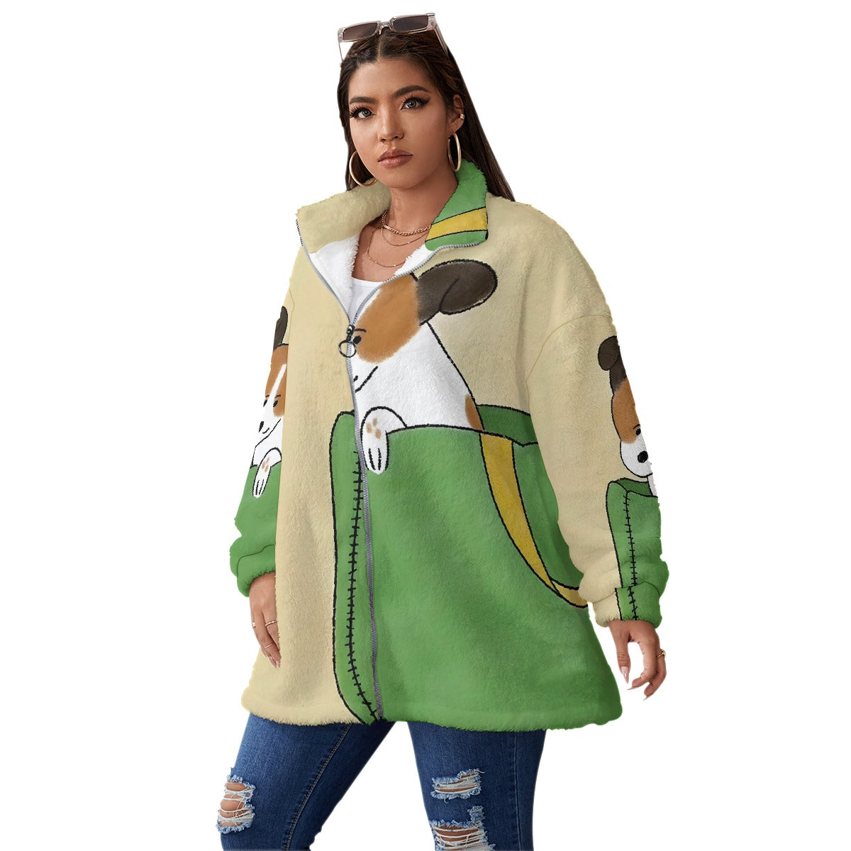 All-Over Print Unisex Borg Fleece Stand-up Collar Coat With Zipper Closure(Plus Size)