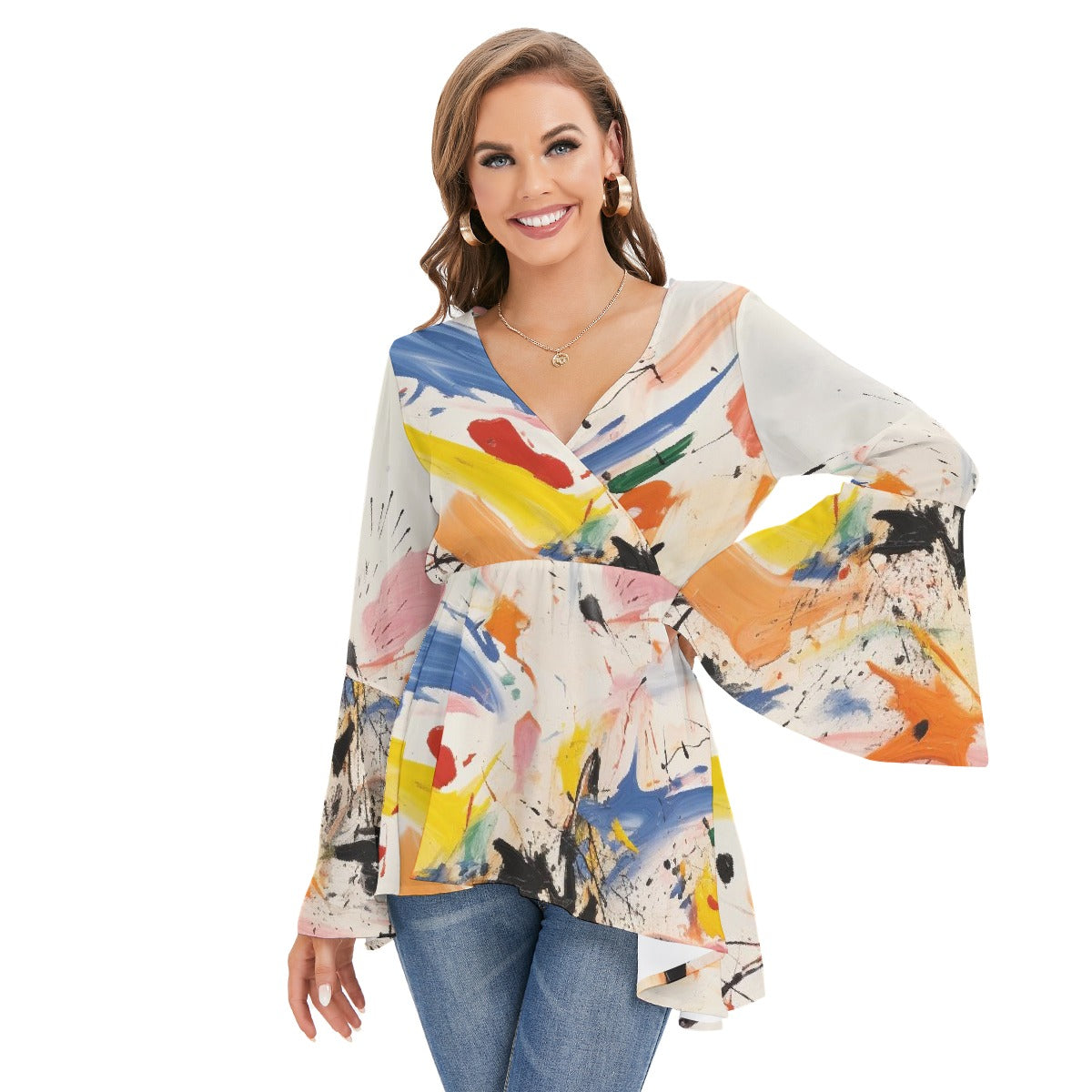 All-Over Print Women's V-neck Blouse With Flared Sleeves