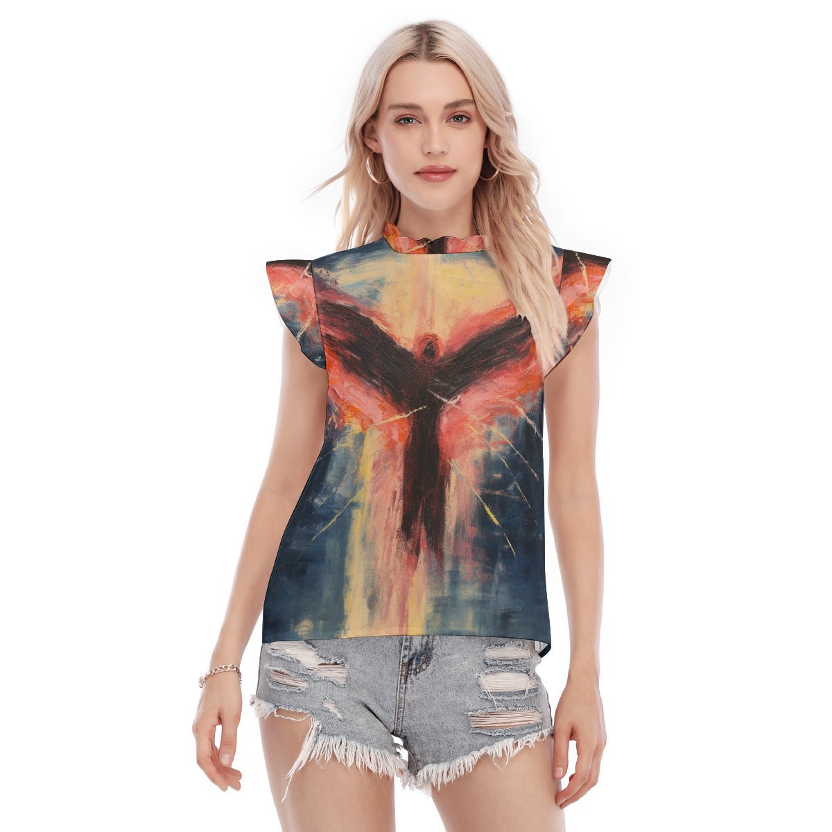 All-Over Print Women's Blouse With Ruffle Collar And Sleeve