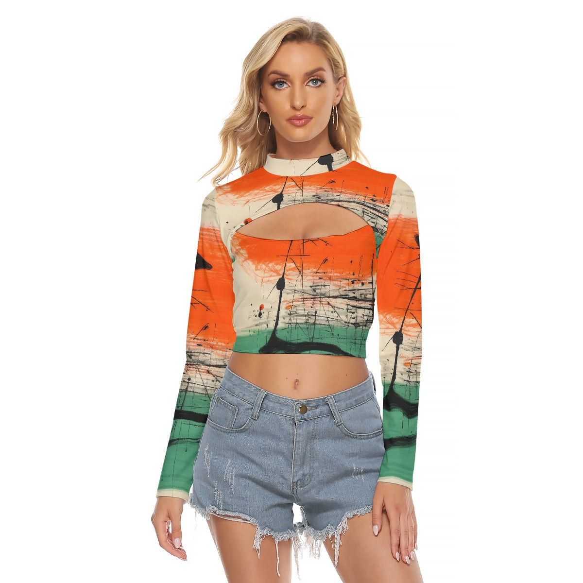 All-Over Print Women's Hollow Chest Keyhole Tight Crop Top