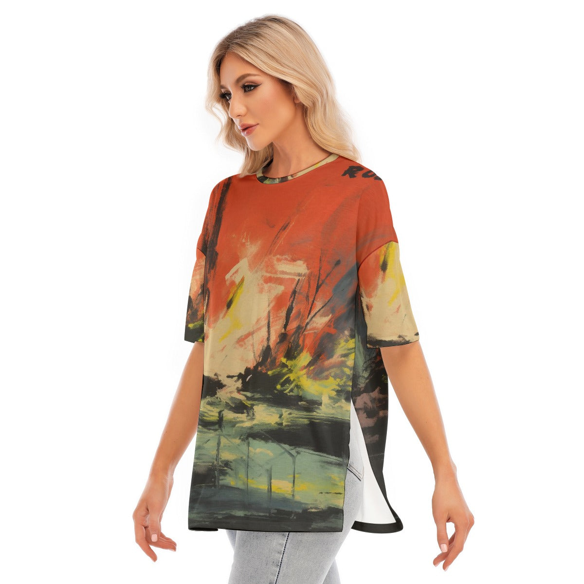 All-Over Print Women's Short Sleeves T-shirt With Hem Split