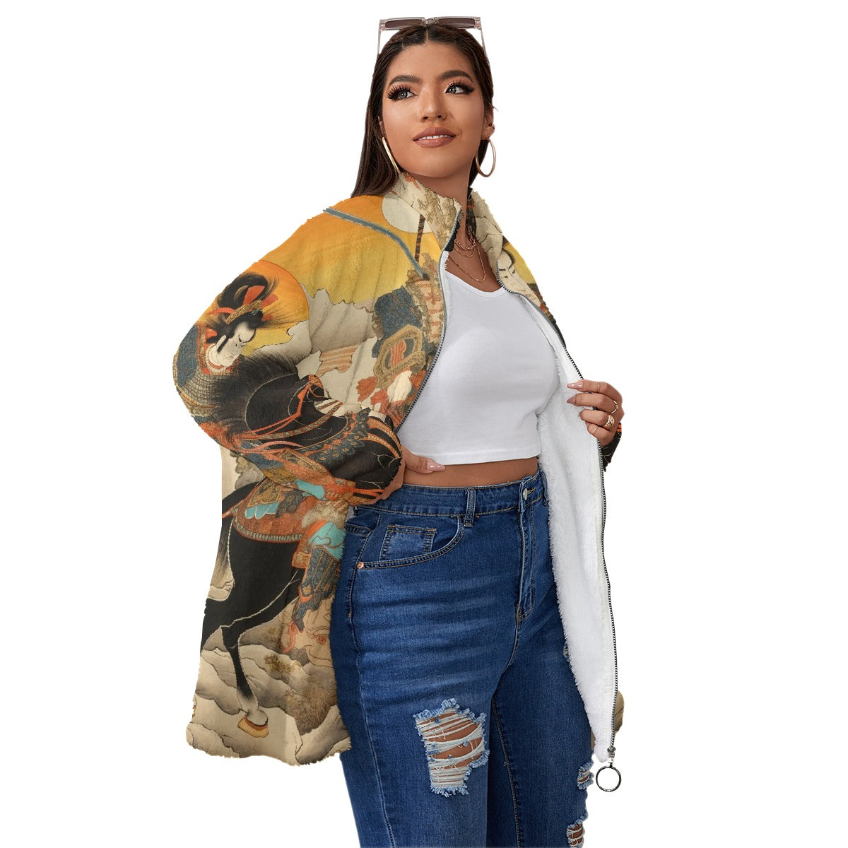 All-Over Print Unisex Borg Fleece Stand-up Collar Coat With Zipper Closure(Plus Size)