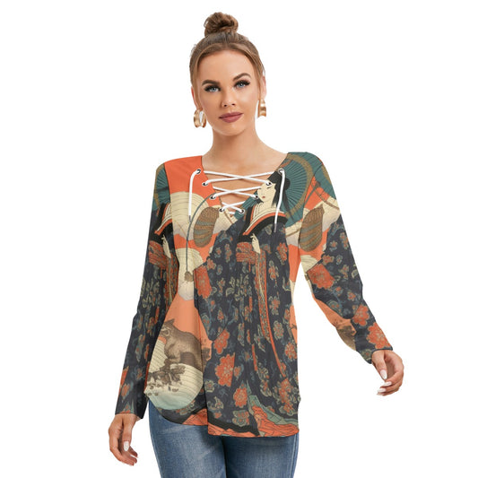 All-Over Print Women's Long Sleeve Neckline Tie Sweatshirt