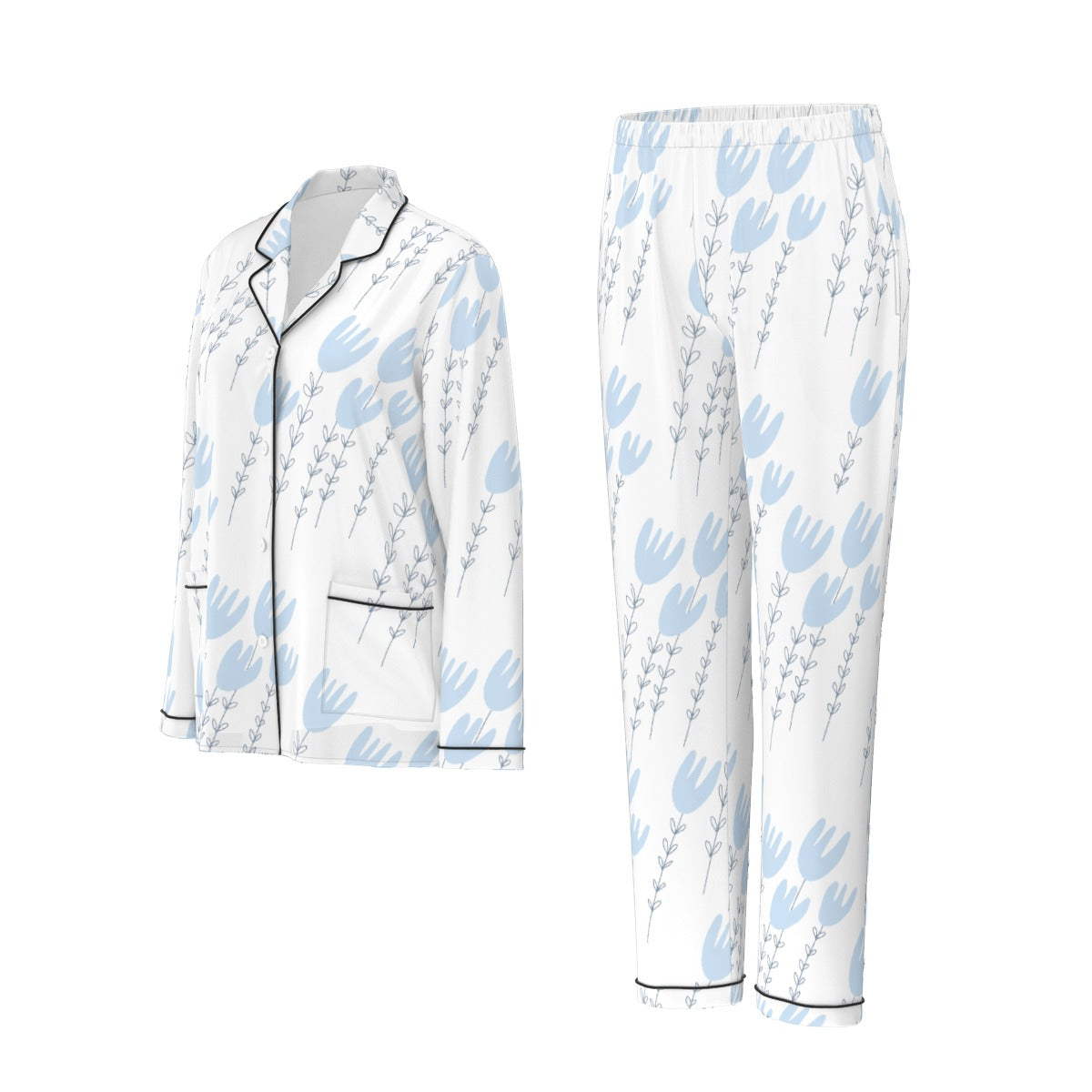 All-Over Print Women's Long Sleeve Pajama Set With Black Contrast Piping