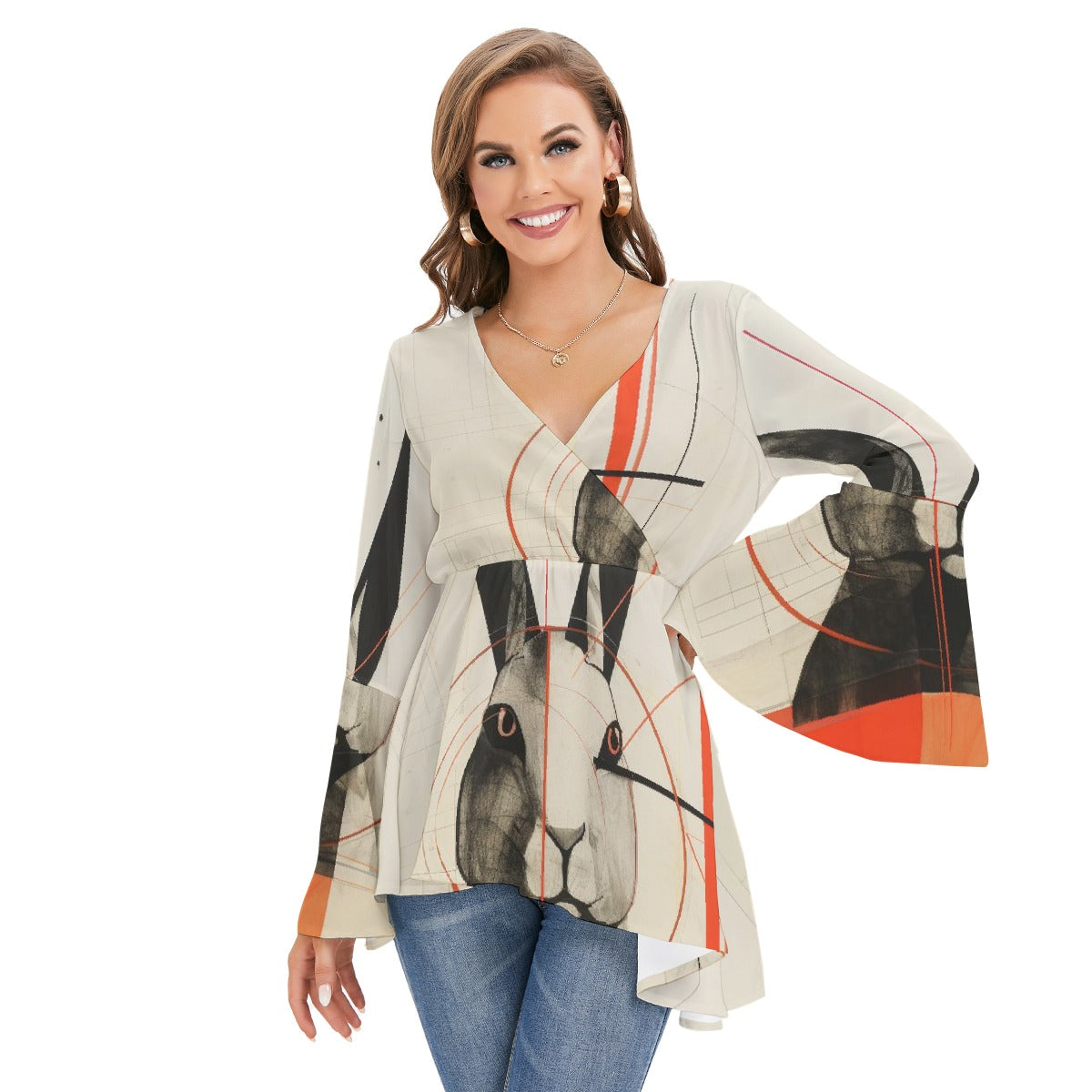 All-Over Print Women's V-neck Blouse With Flared Sleeves