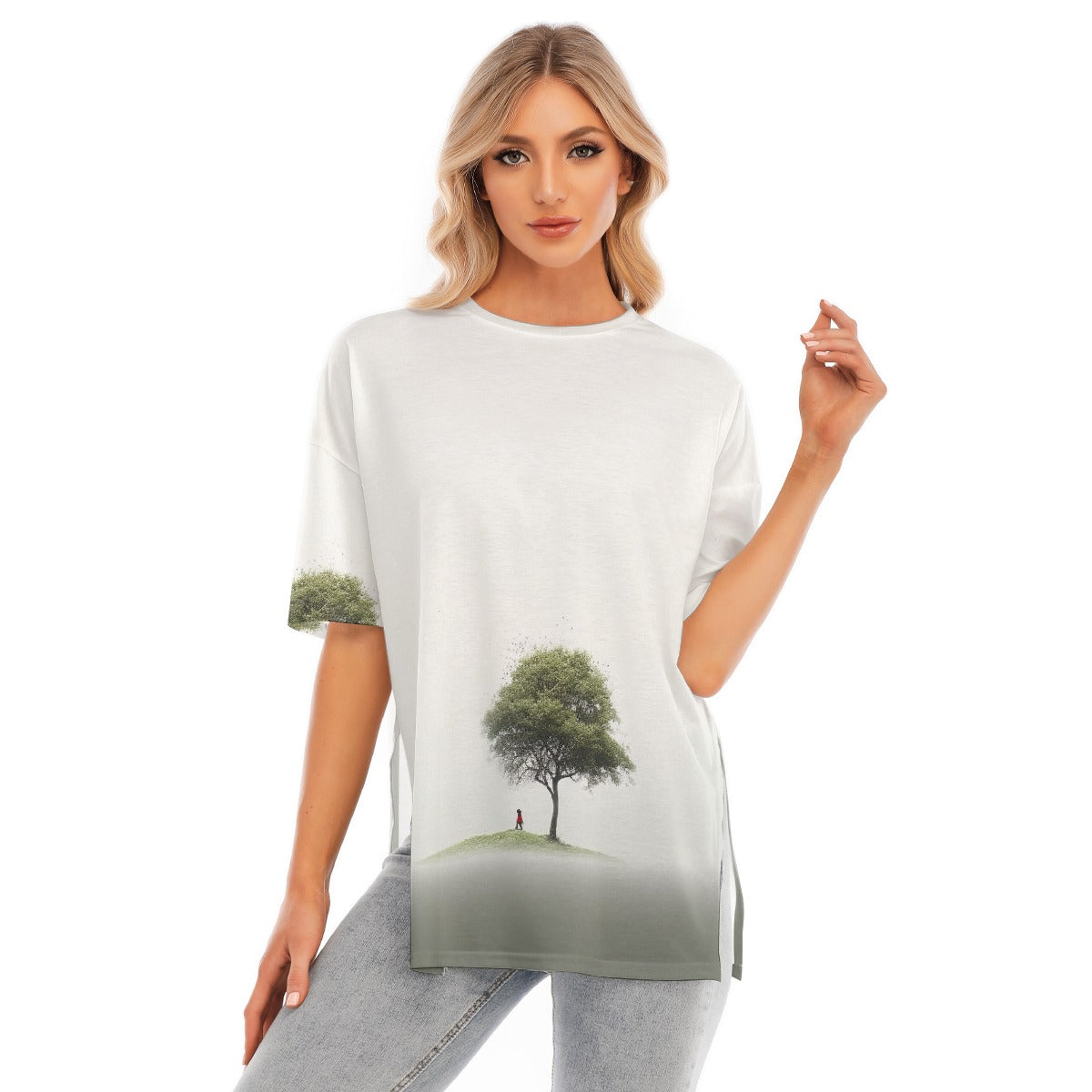 All-Over Print Women's Short Sleeves T-shirt With Hem Split