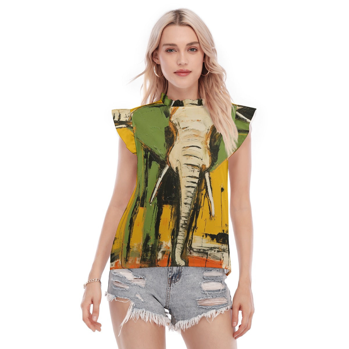 All-Over Print Women's Blouse With Ruffle Collar And Sleeve