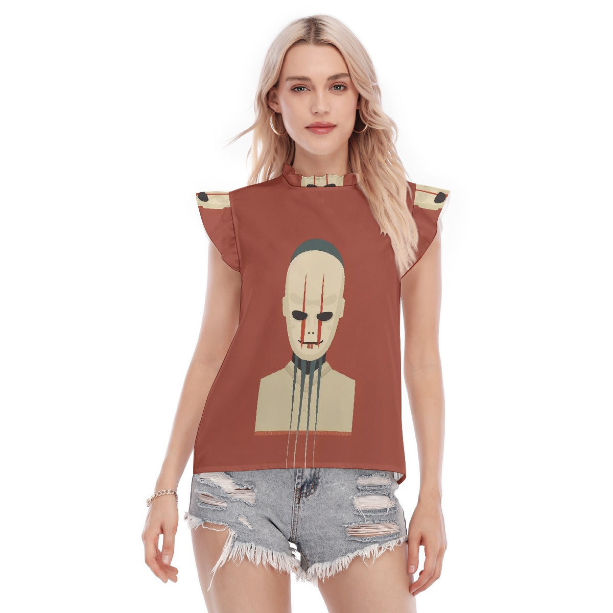 All-Over Print Women's Blouse With Ruffle Collar And Sleeve