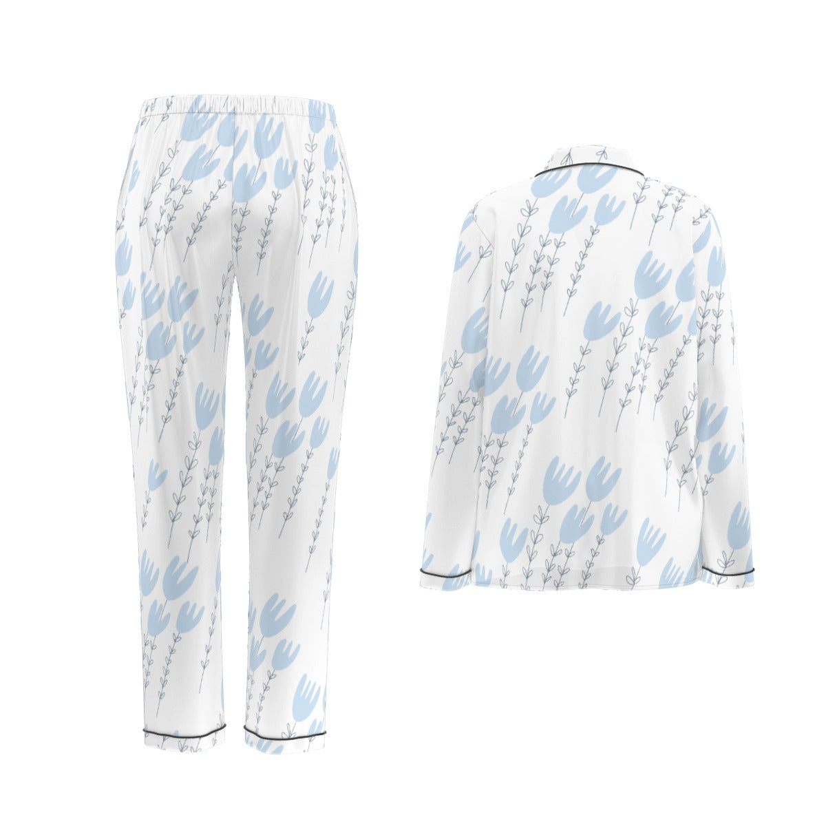 All-Over Print Women's Long Sleeve Pajama Set With Black Contrast Piping